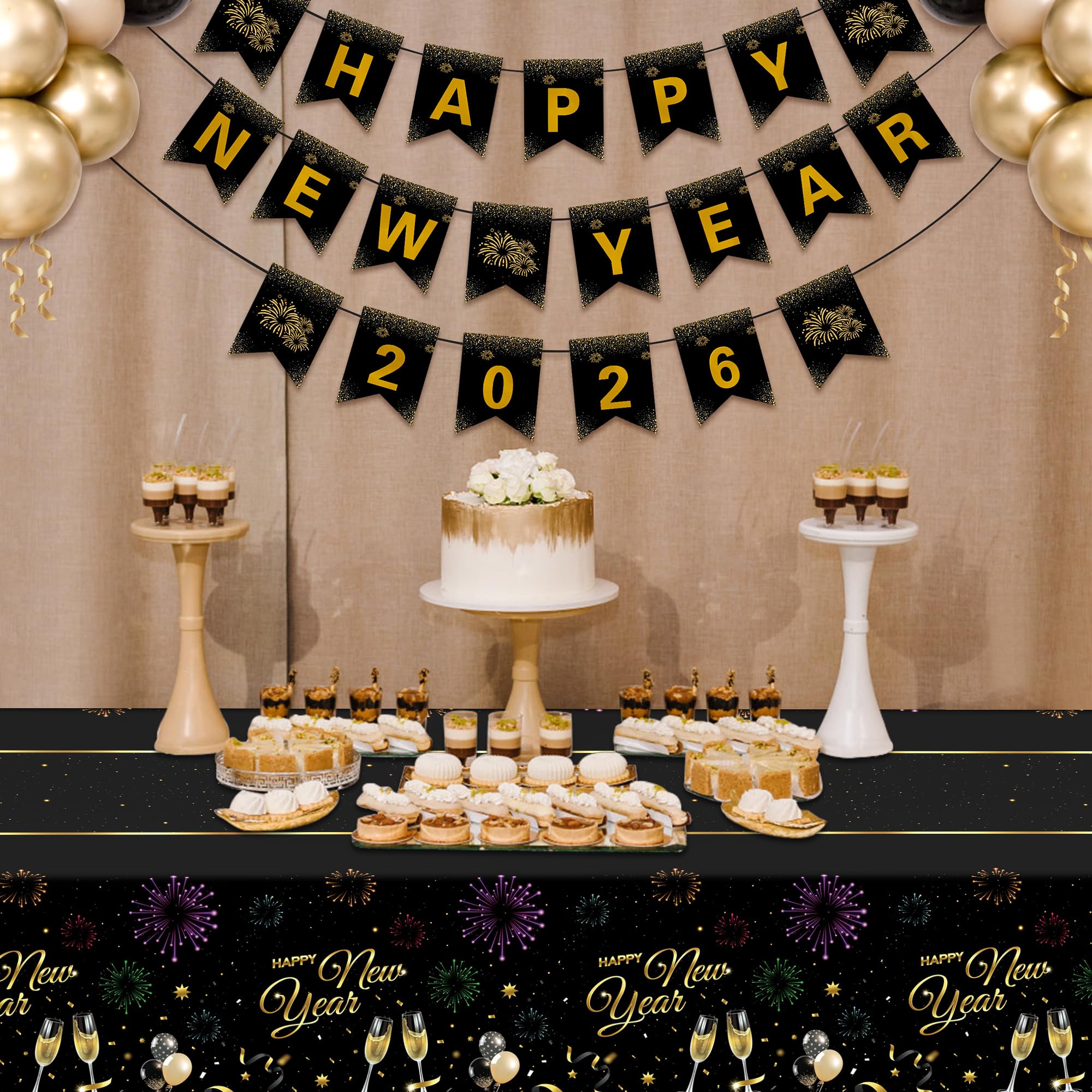 Condition photo showing New/Like New for Childom 1 Pack Happy New Year Tablecloth with 21 PCS Banners for New Years Decorations 2026,Disposable Plastic Table Cloth 54" x 108",Happy New Year 2026 Banners for Home Dining Outdoor Party Supplies