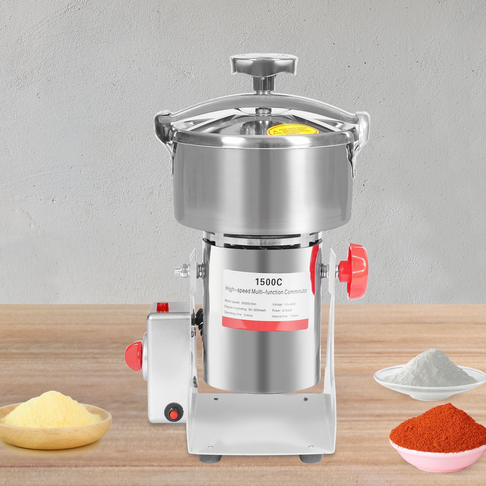 Electric Grain Mill Grinder 1500g Stainless Steel Grain Grinder 4100W High-Speed Pulverizer Grinding Machine with Pressured Lid & Buckle for Peanuts Walnuts Pepper Corn