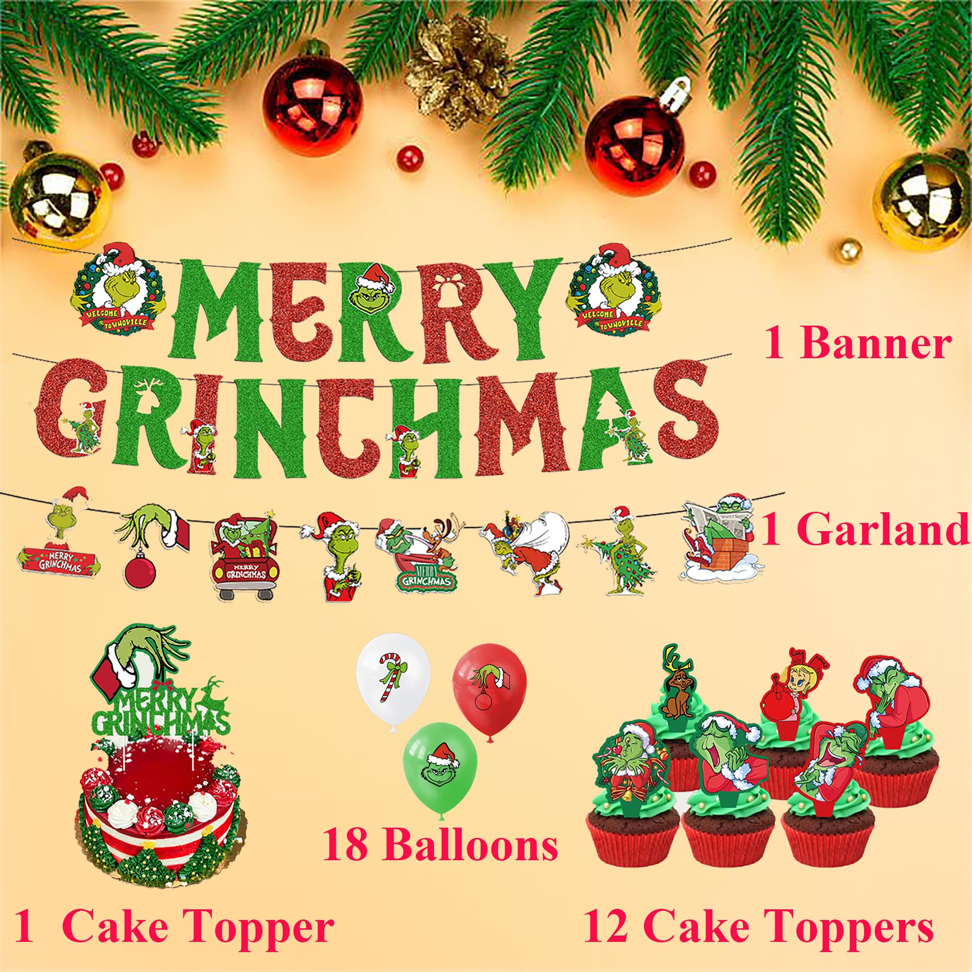 Set di 33 palloncini natalizi decorativi, decorazioni per feste a tema natalizio, palloncini rossi verdi Grinch, striscioni natalizi, kit di posizionamento biglietti