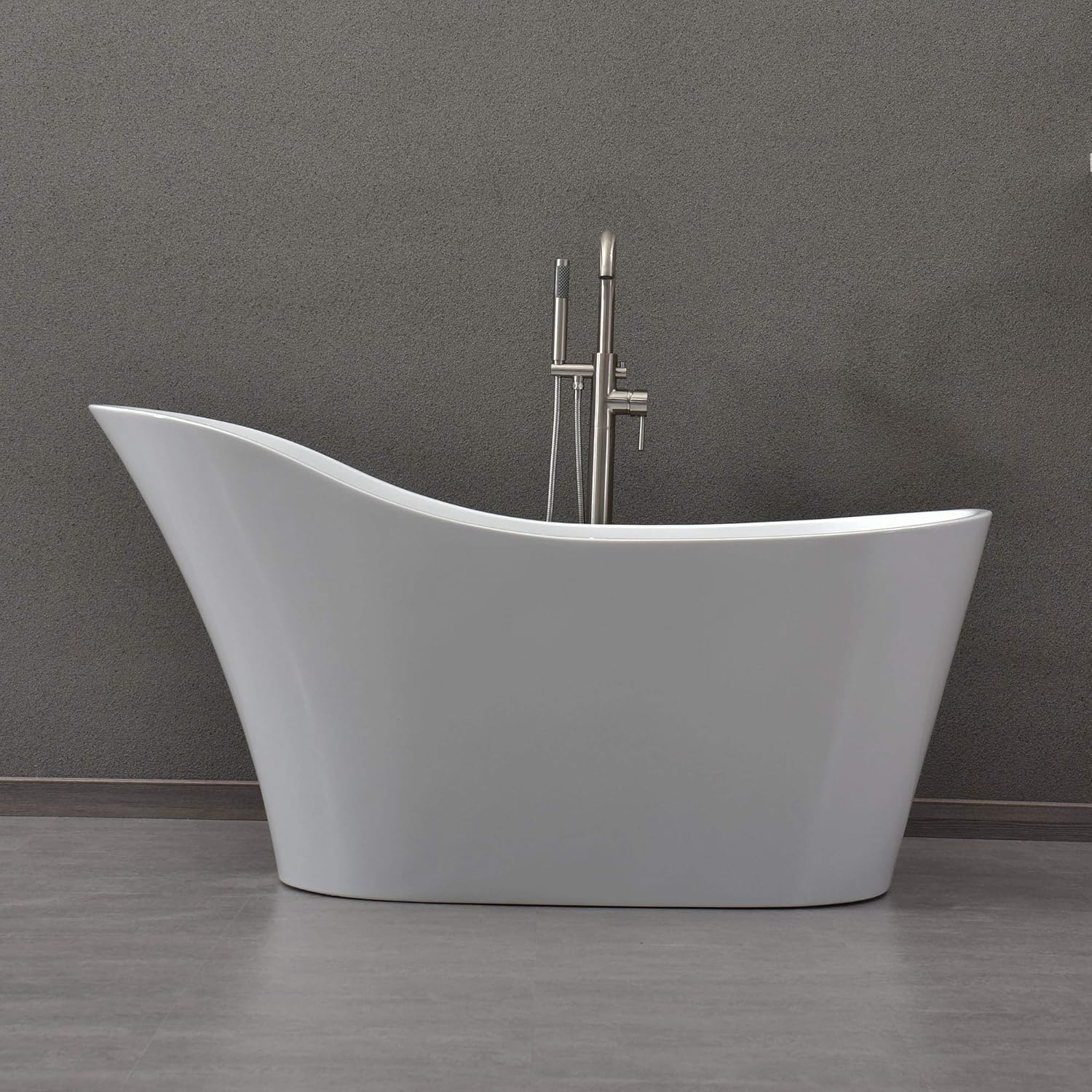 WOODBRIDGE 59" Acrylic Freestanding Bathtub Contemporary Soaking White Tub with Brushed Nickel Overflow and Drain，B0029-B/N-Drain&O
