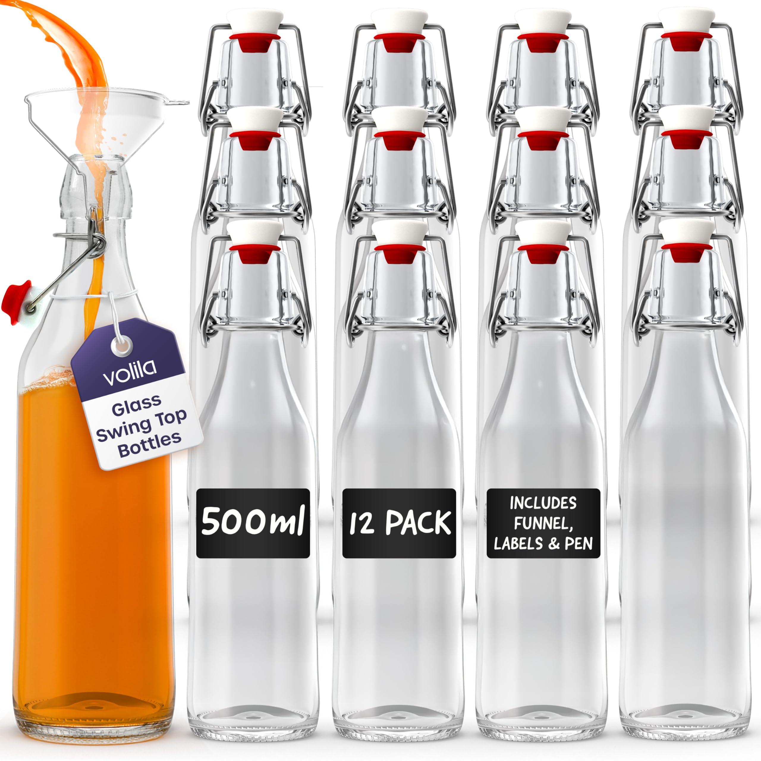Volila Glass Bottles with Stoppers - Clear Swing Top Bottles for Homebrewing, Beverages, Kombucha, Wine, Vinegar and Oil (500ml - 12 Pack)