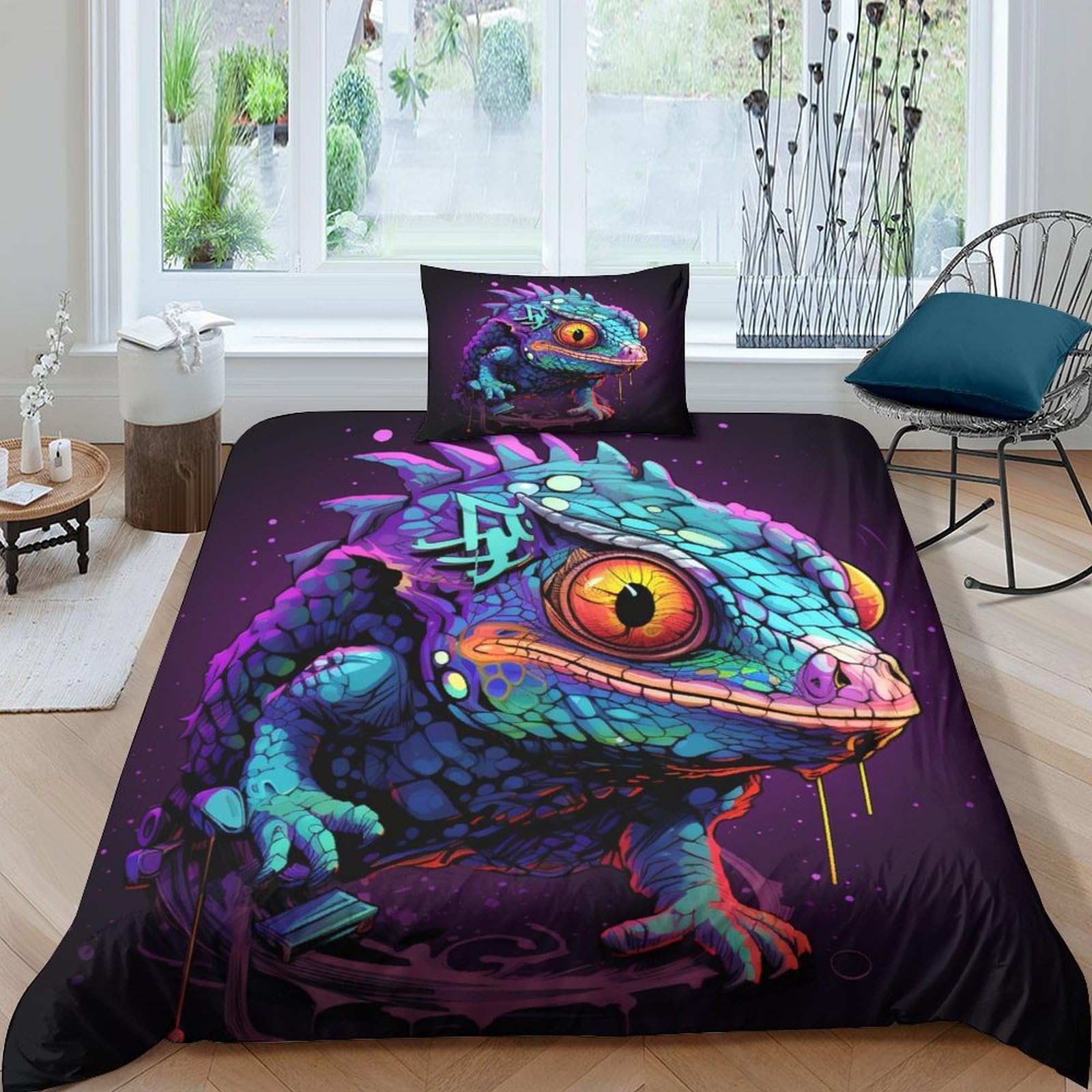 Housse de couette 135x200 cm caméléon 3D parure lit simple microfibre