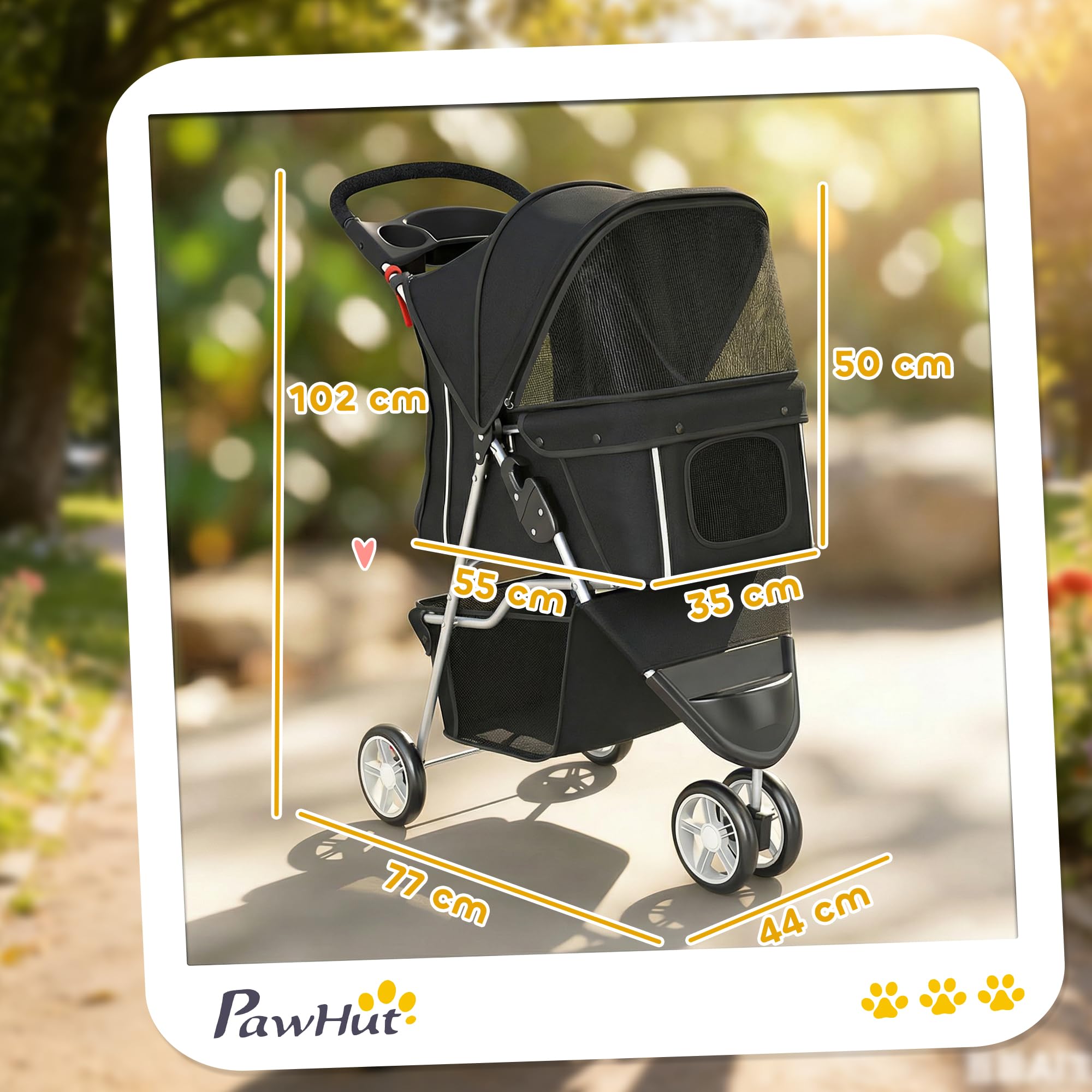 PawHut Hundewagen Hundebuggy Faltbar klappbar Katzenwagen bis 10kg mit Aufbewahrungskorb, Kissen, Netzfenster, Getränkehalter, 3 Räder, Aufbewahrungstasche, Haustierbuggy für kleine Hunde, Schwarz