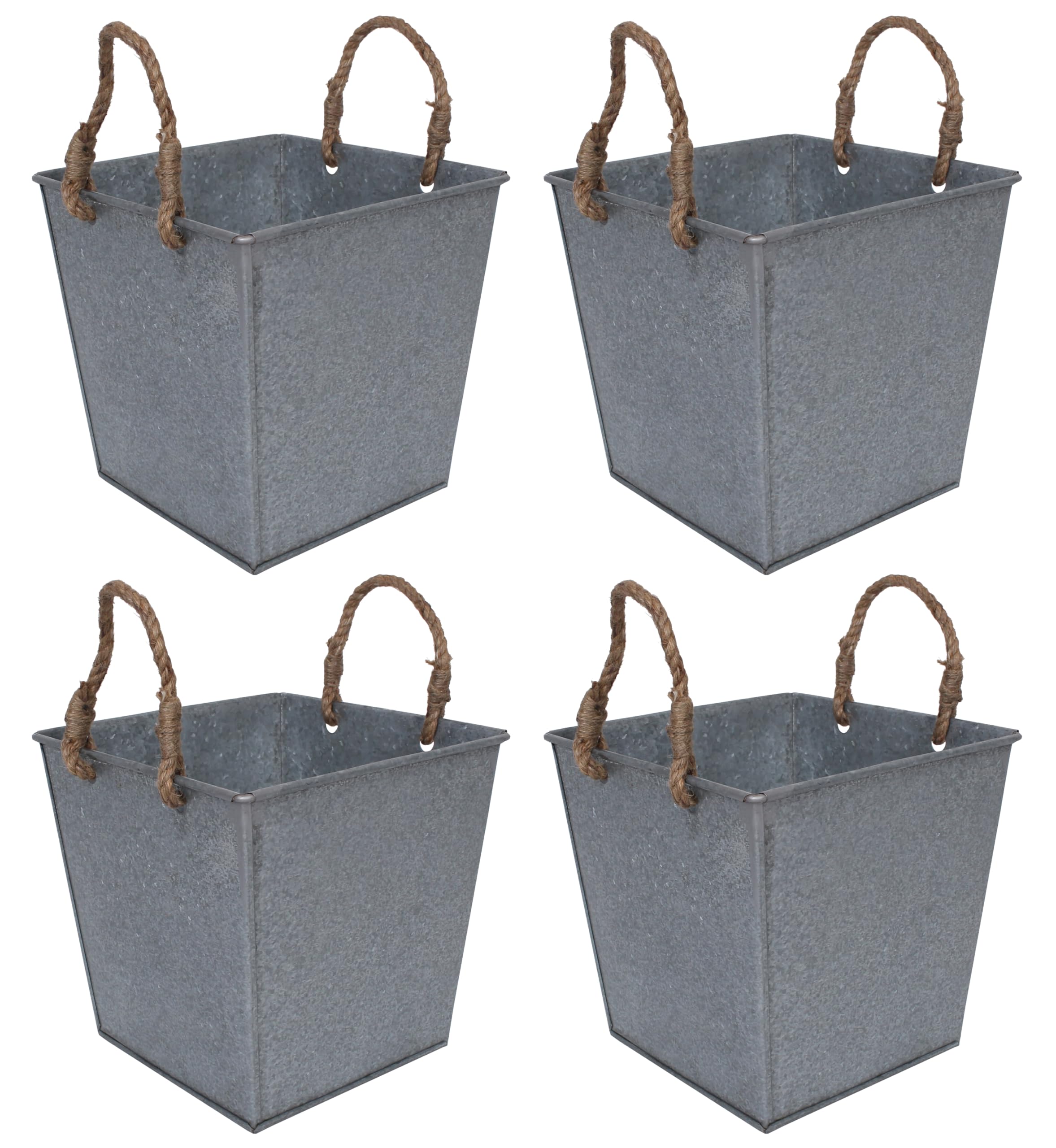 Sweet Summer Living Outdoor/Indoor Set of 4 Planters Square 12"x12"x12" Metal, Galvanized, Tin with Jute Cord Handle
