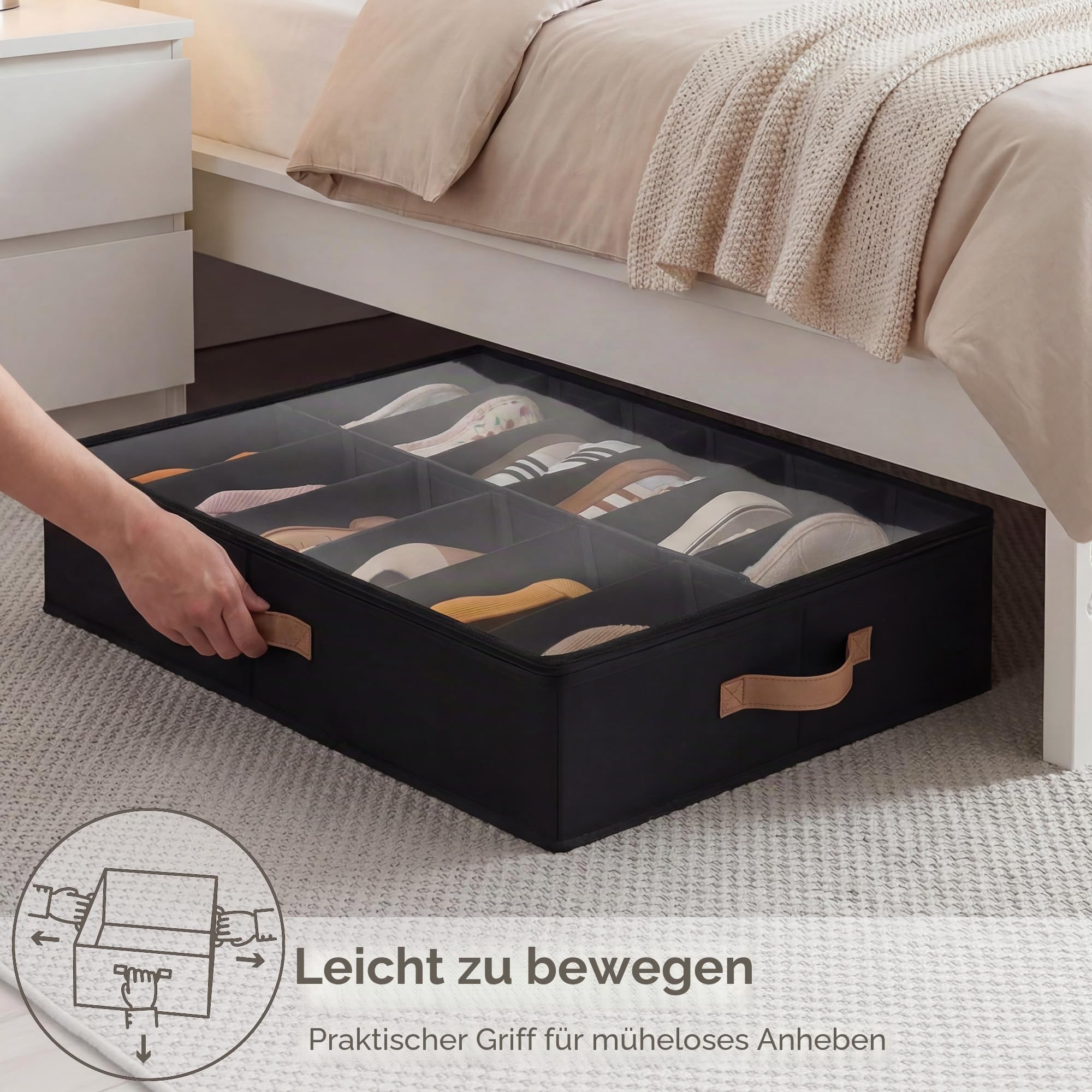 StorageWorks Unterbett Schuhaufbewahrungsbox, große Bettkasten Aufbewahrung mit Deckel, für bis zu 24 Paar, faltbare Schuhbox für unter Bett, Stoff Unterbettbox für Kleidung, schwarz, 2 Stück