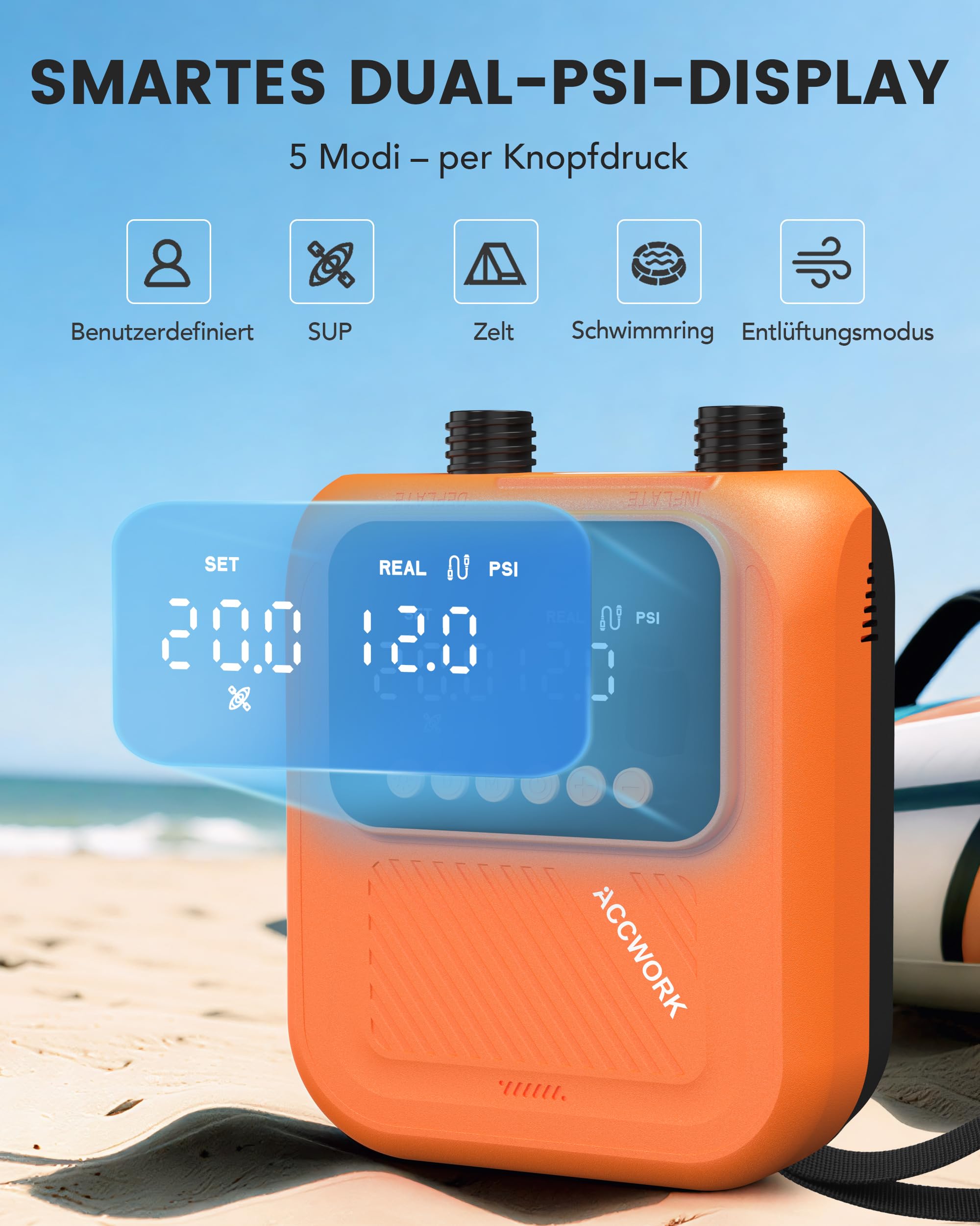 Accwork Elektrische SUP Pumpe 20 PSI ohne Akku, 12V DC Autoanschluss, Auto-Stopp, 2-stufiges Aufpumpen und Entlüften, 7 Adapter, Tasche für Paddle Board,Kajak,Schlauchboot,Camping-Zelt,Luftmatratze