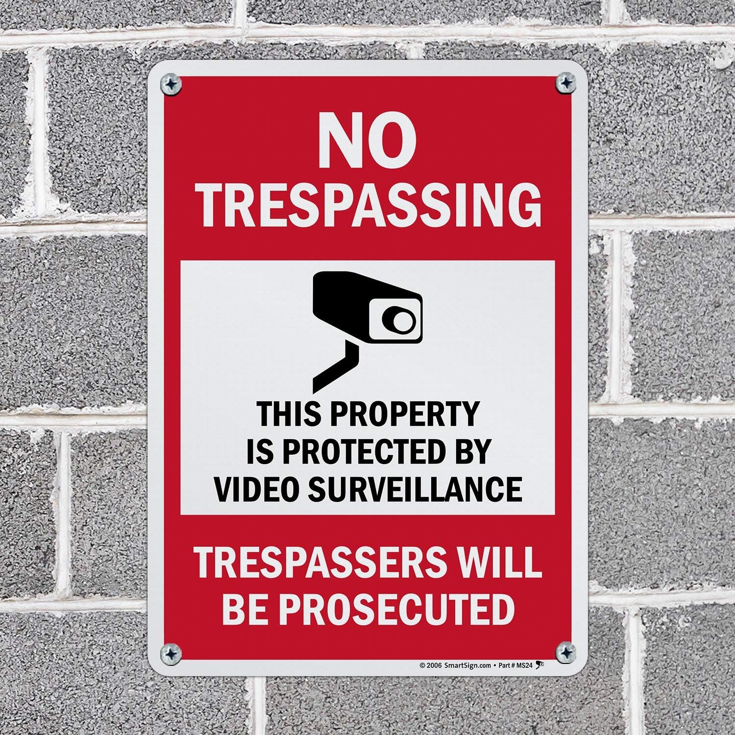 SmartSign 14 x 10 inch “No Trespassing - Property Protected By Surveillance, Trespassers Prosecuted” Metal Sign, 40 mil Aluminum, Engineer Grade Reflective Material, Red, Black and White