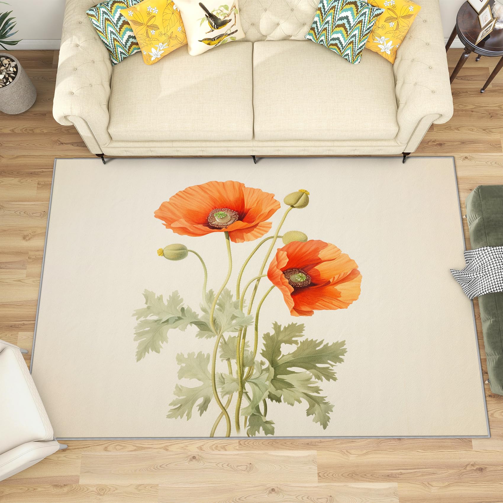 SherAvant Poppy Flower Rug - 6x9 Rug - Poppy Rug - Red Flower Area Rug - Girls Floral Rugs - Botanical Beige Carpet - Soft Washable Non Slip Low Pile