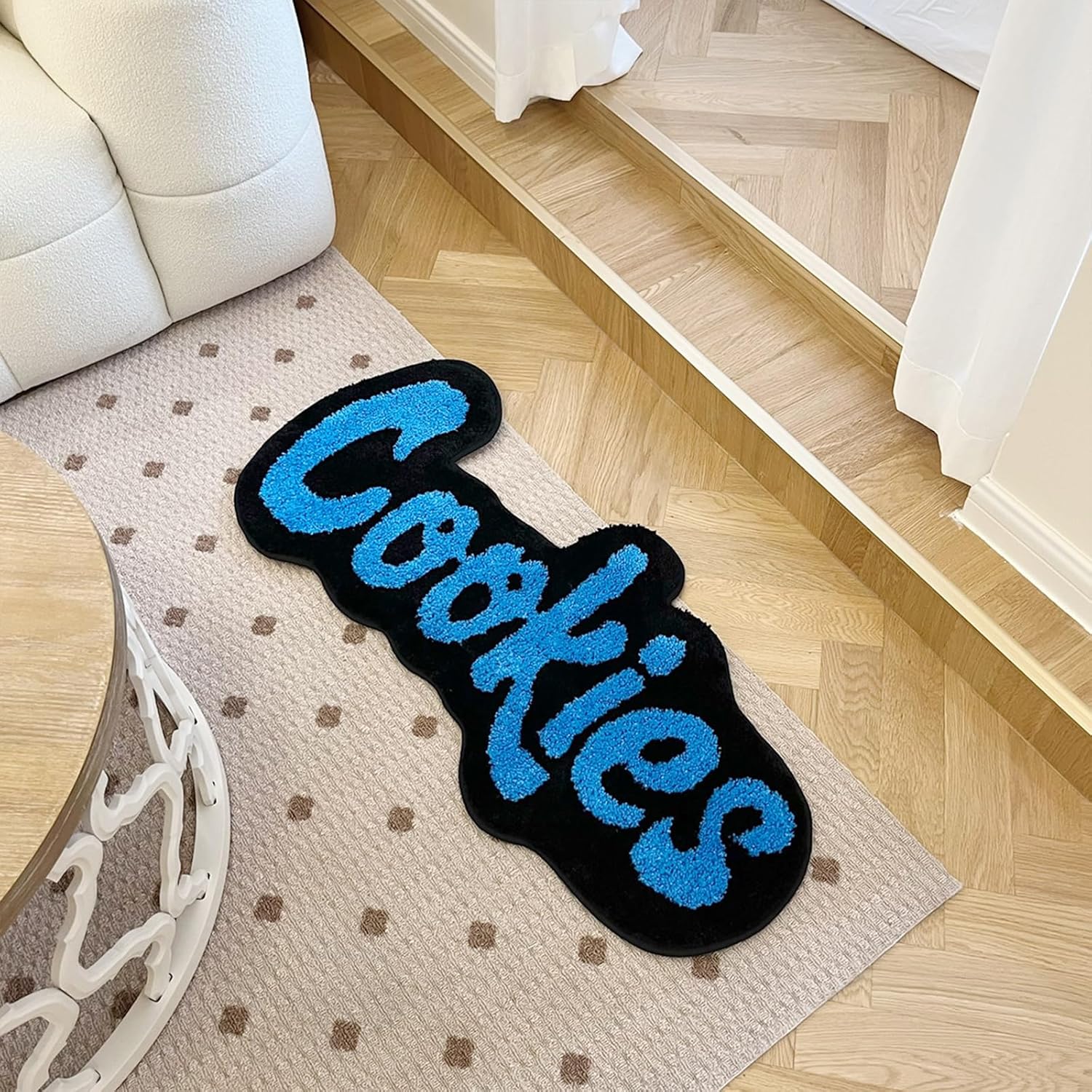 LAKEA Handmade Cookies Tufted Rug for Bedroom Irregular Shaped Tufted Carpet Mat Soft Plush Room Decoration (39.4X17.7inch (100X45cm)) (Blue)