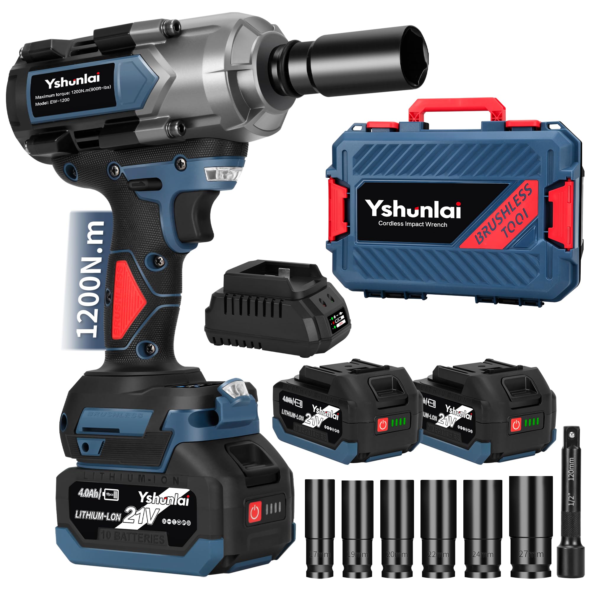 Yshunlai 1200N.m Cordless Impact Wrench, 1/2" Brushless Impact Gun with 4000mAh Battery & 6 Sockets, 900Ft-lbs 21V High Torque Electric Pistolas de
