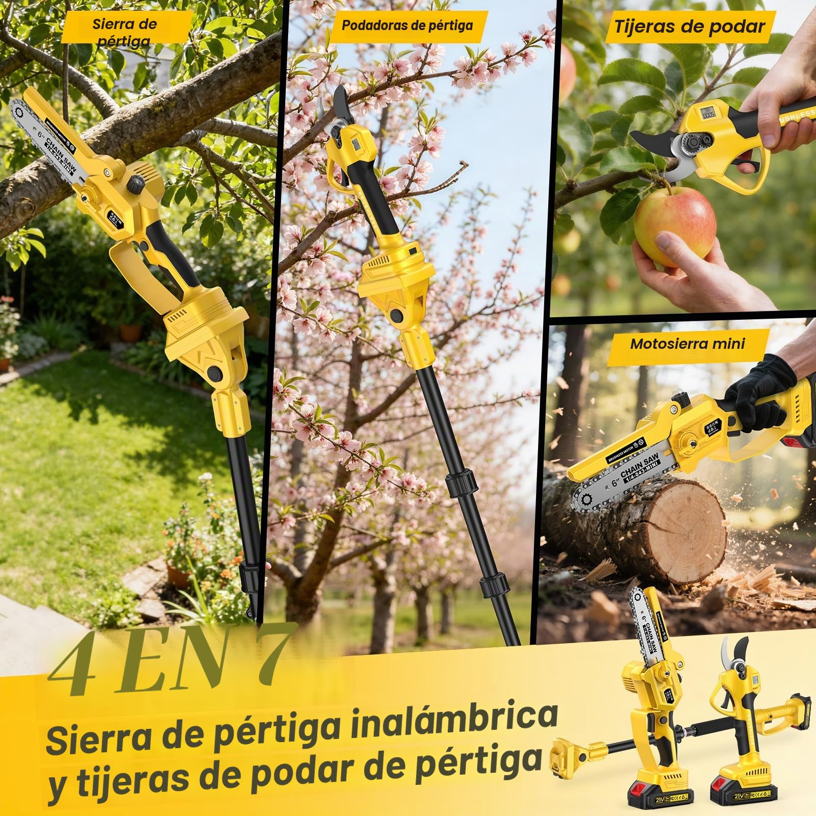 Mini motosierra y podadora eléctrica 4 en 1 con pértiga, alcance máximo de hasta 4,2 m, motor sin escobillas de 1000 W y 2 baterías de 2,0 Ah, motosierra a batería, para jardinería