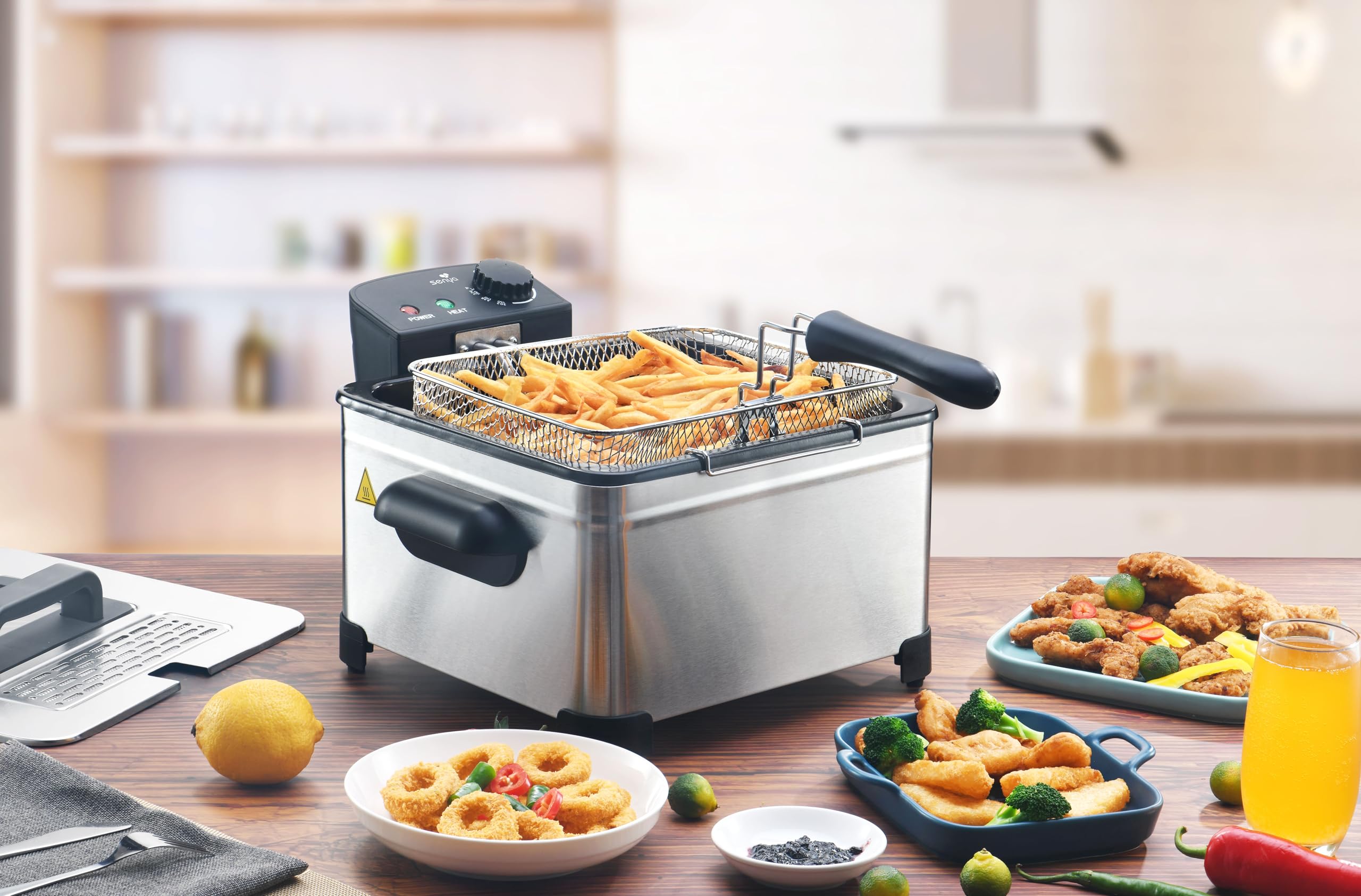 SENYA Freidora eléctrica cubeta extraíble de acero inoxidable 5L, gran capacidad, 3 cestas extraíbles, 2000W, Family Fryer, SYCK-DF009