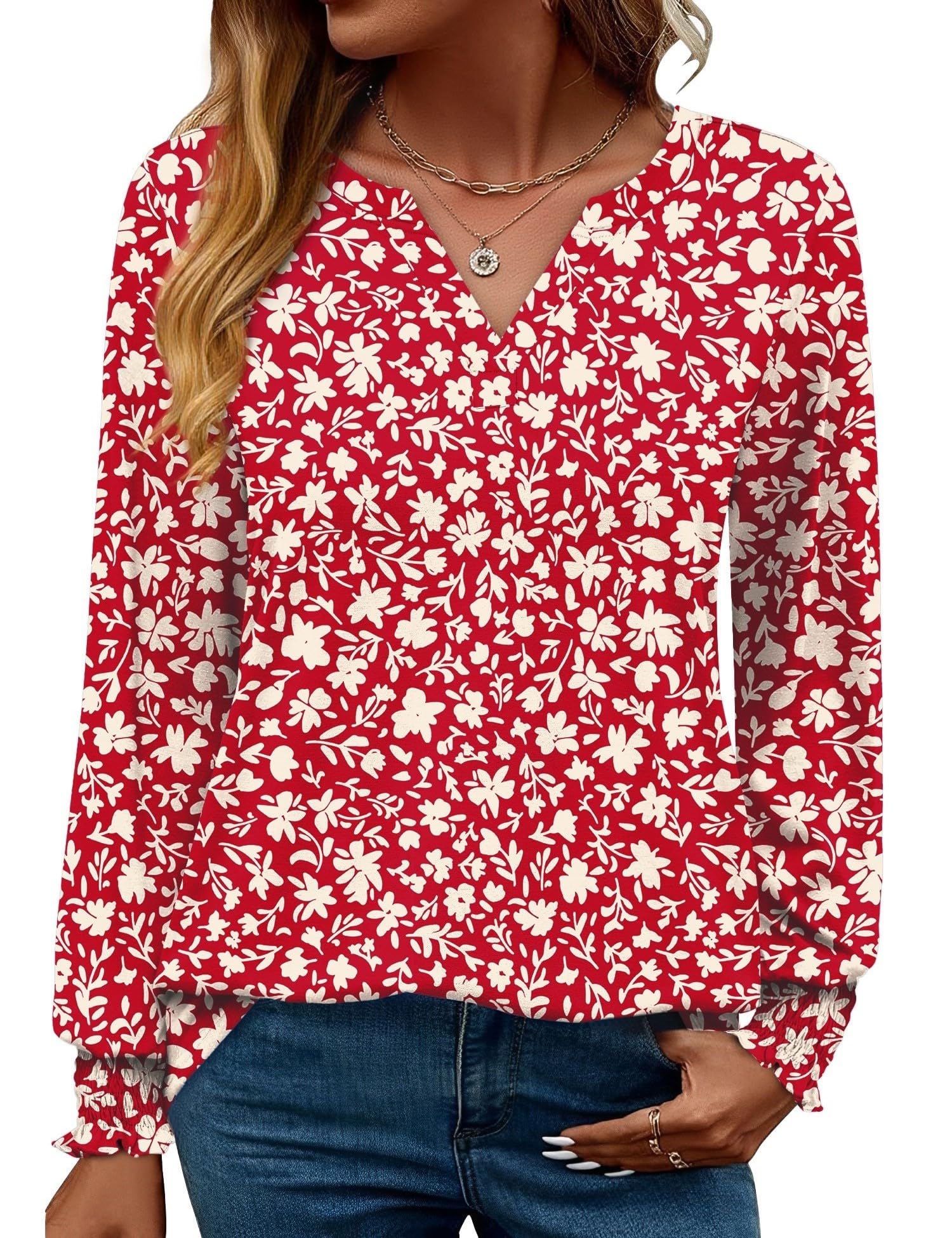 Rapbin Damen Bluse Langarm Tops Elegant Locker V-Ausschnitt Oberteile Shirt Casual Herbst Tunika