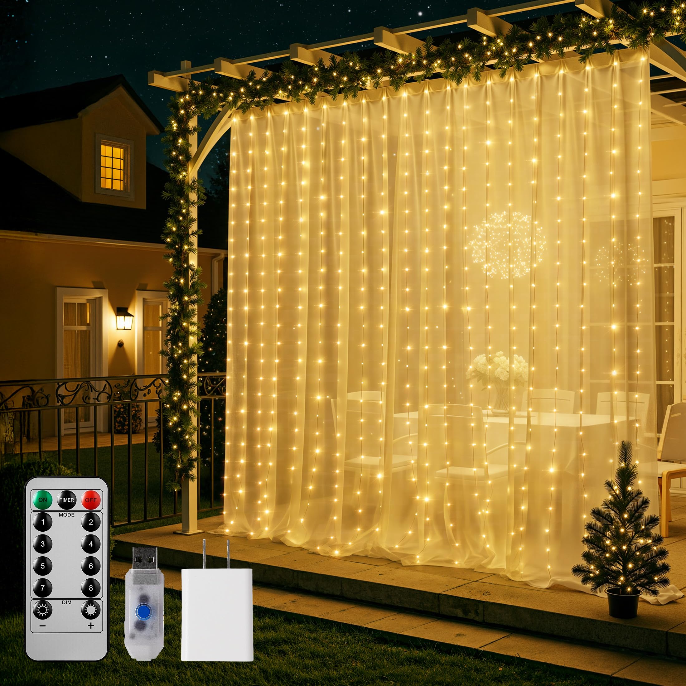Brightown 300 LED Curtain String Lights, 9.8 FT Hanging Fairy Lights with Remote, 8 Modes, Waterproof Window Lights for Bedroom Backdrop Wedding Outdoor Party Christmas Decorations