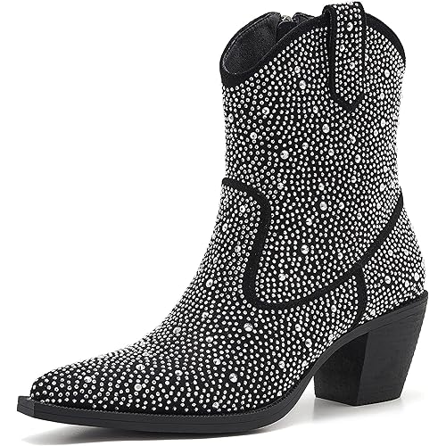Women's Rhinestone Cowboy Boots Thick Root High Heel Pointed Toe Sparkling Cowgirl Boots