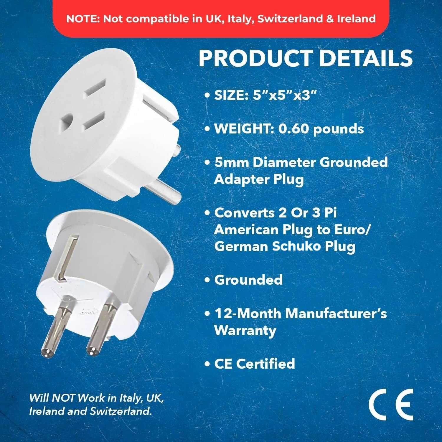 OREI American USA to European Schuko Germany Plug Adapters CE Certified Heavy Duty - 6 Pack - Perfect for Travelling with Cell Phones, Laptops, Cameras & More — Amazon image 5