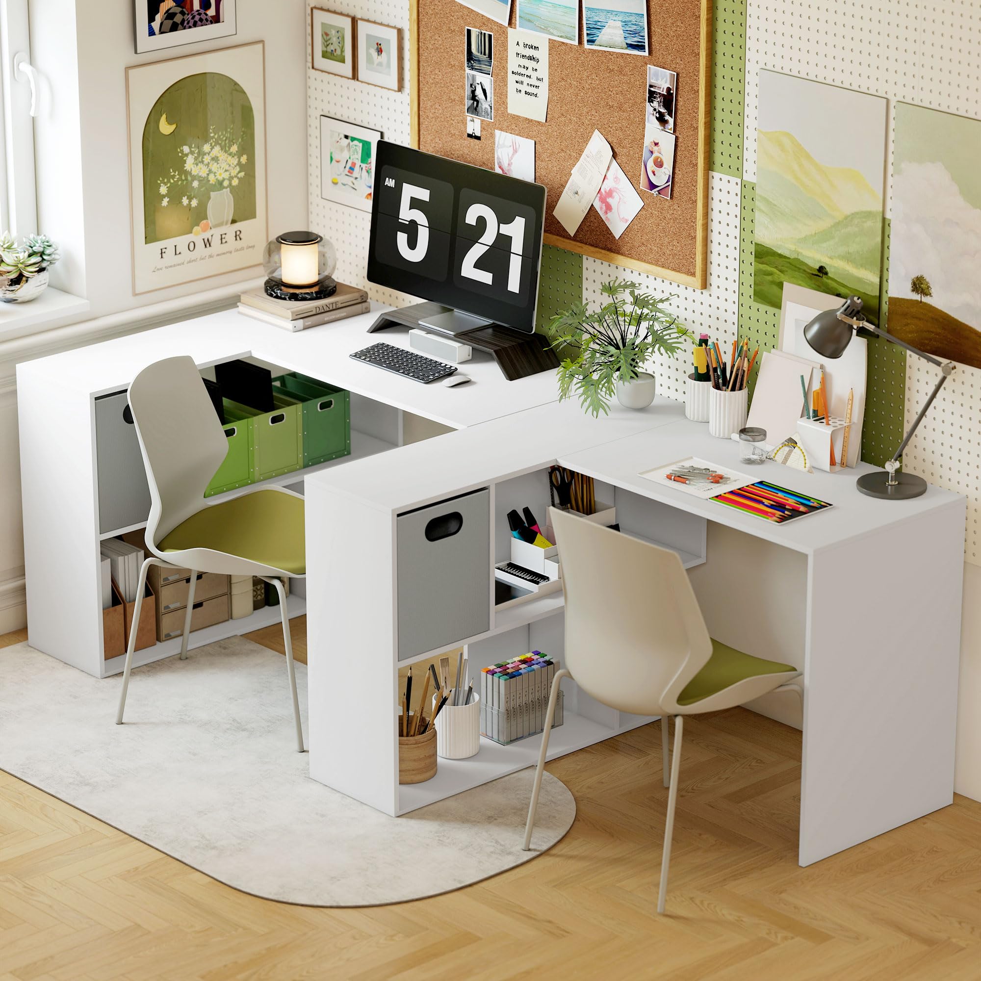 HOMCOM Scrivania Angolare per Computer 110x100 cm con Scaffale Bianco | Scrivania a L, Cassetto in Tessuto, Tavolo per PC, per Ufficio Studio e Camera da Letto, ad Angolo