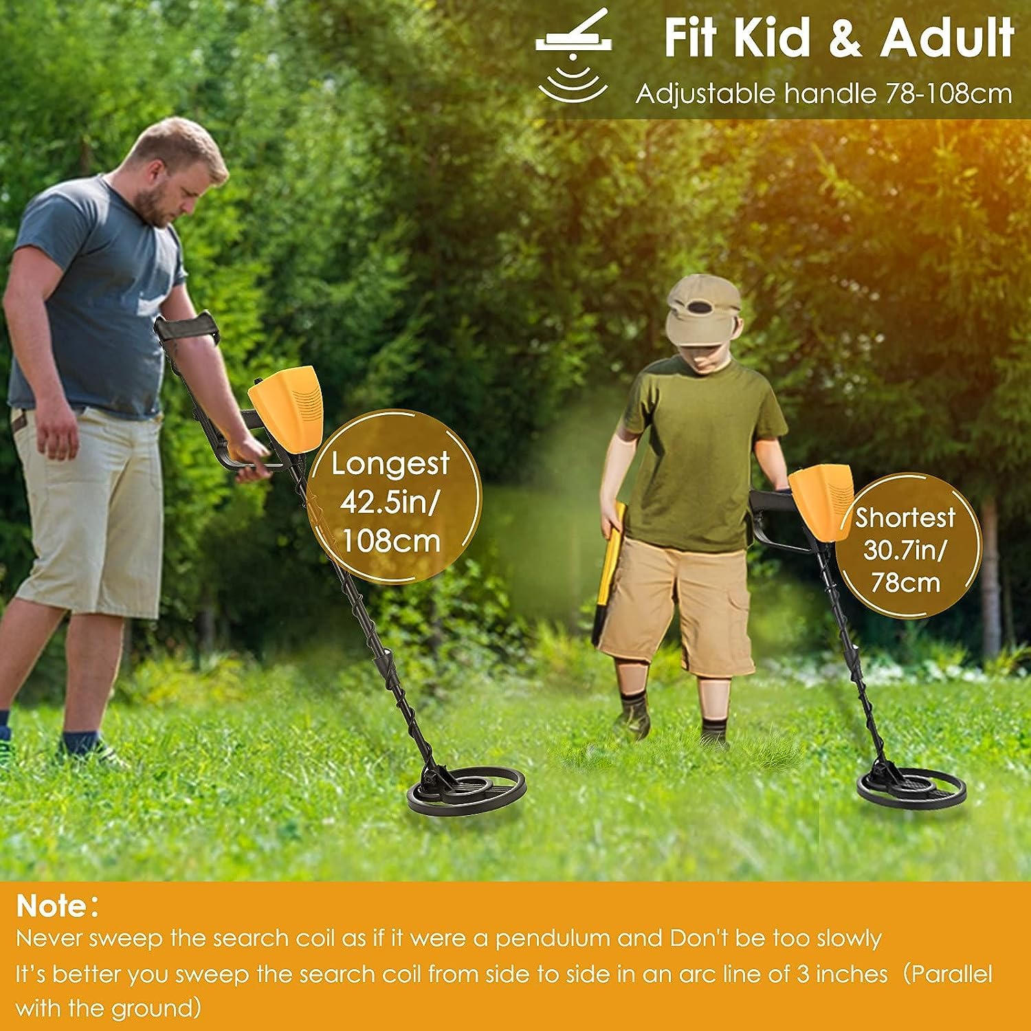 Détecteur de Métaux Rechargeable 9V pour Enfants Adultes, Hauteur Réglable 78-108cm, Disc & Mode Tout Métal