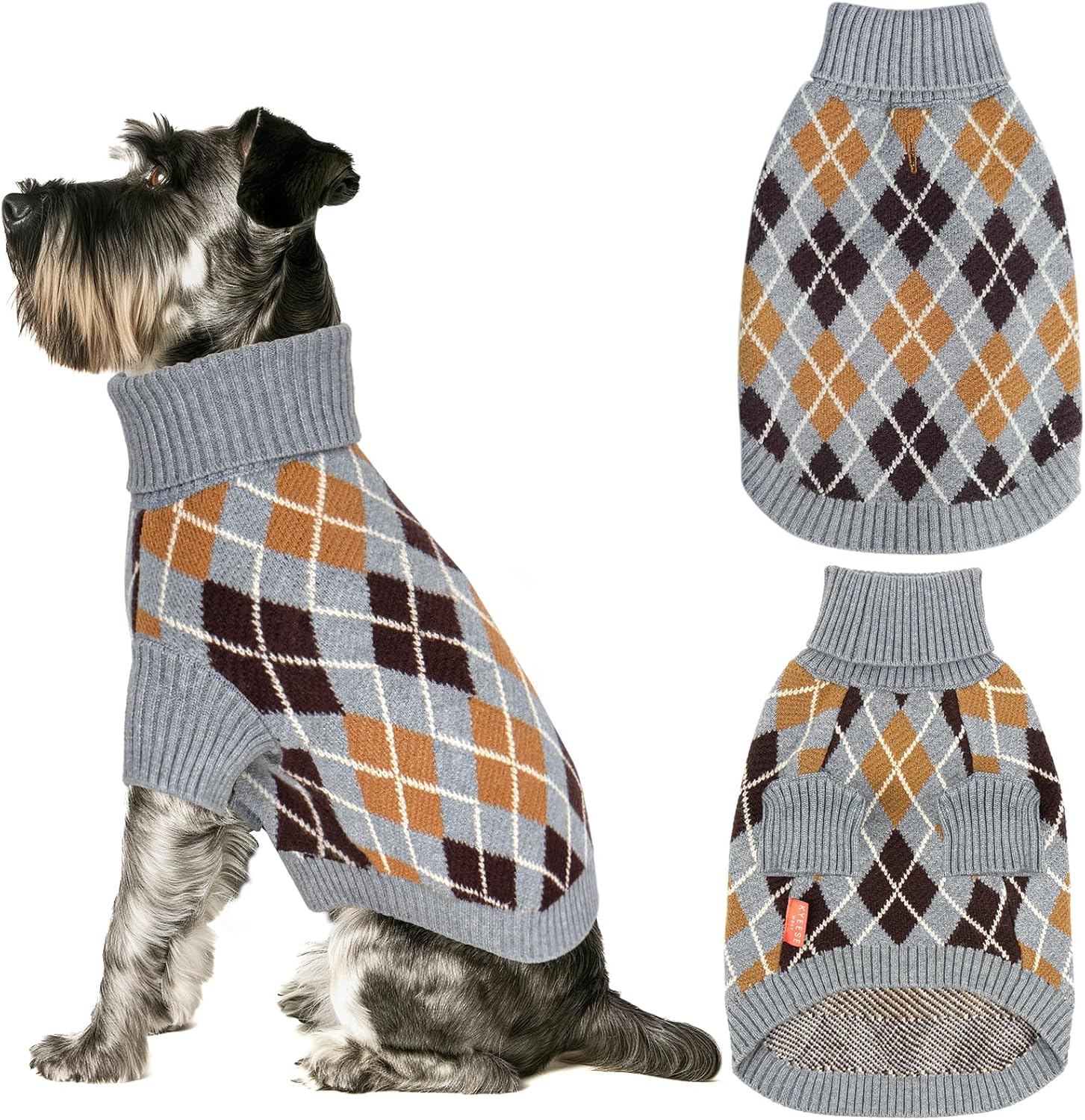 KYEESE Diamond Plaid Dog Sweater With Long Sleeve Turtleneck for Small Dogs - Thick Warm Clothes, Gray, Medium, 1#Grey