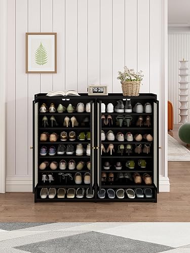 Miniatura 5 de Zapatero de bambú con puerta, organizador de zapatos de 8 niveles, armario de almacenamiento de zapatos de entrada para 36-40 pares, organizador