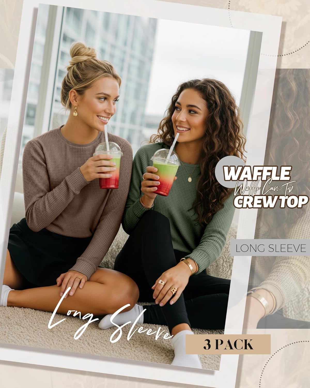 3 Pack Women's Waffle Knit Long Sleeve Shirts, Crew Neck Slim Fit Thermal Tops Casual Stretch Basic Pullover - Image 4