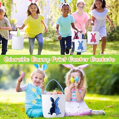 Miniatura 3 de Saintrygo 6 bolsas de lona para niños, cesta de caza de huevos de Pascua con asa, bolsas de regalo, cubo de transporte (color vivo, estilo elegante)