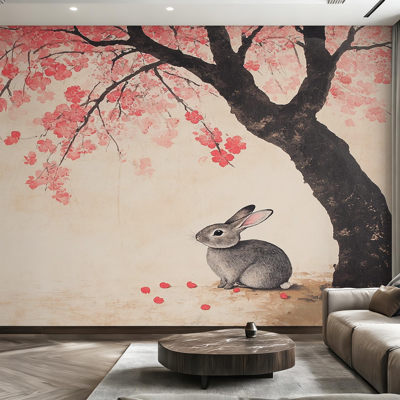 Papier peint lapin panoramique fleurs de cerisier 366x254 cm fresco mural japonais
