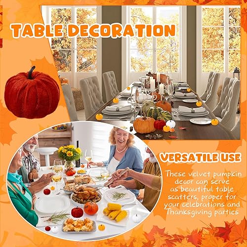 Miniatura 4 de Preboun 16 calabazas de terciopelo para decorar 4 tamaños, calabazas artificiales de tela de espuma de terciopelo sintético, decoración para casa de