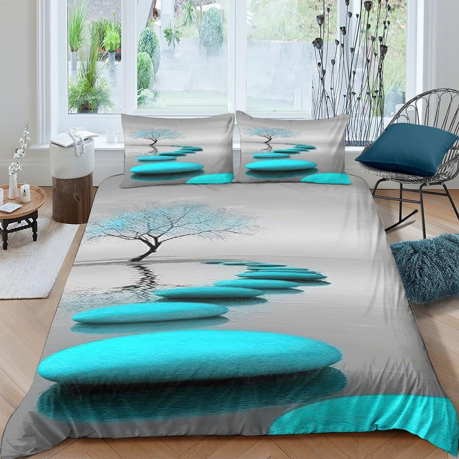 Ctjqhvkz Style-8 3D Printed Zen Stone Path Fitted Sheet Microfiber Soft Turquoise Tree Mattress Cover For Bedroom Dorm Decor Single（135X200cm）