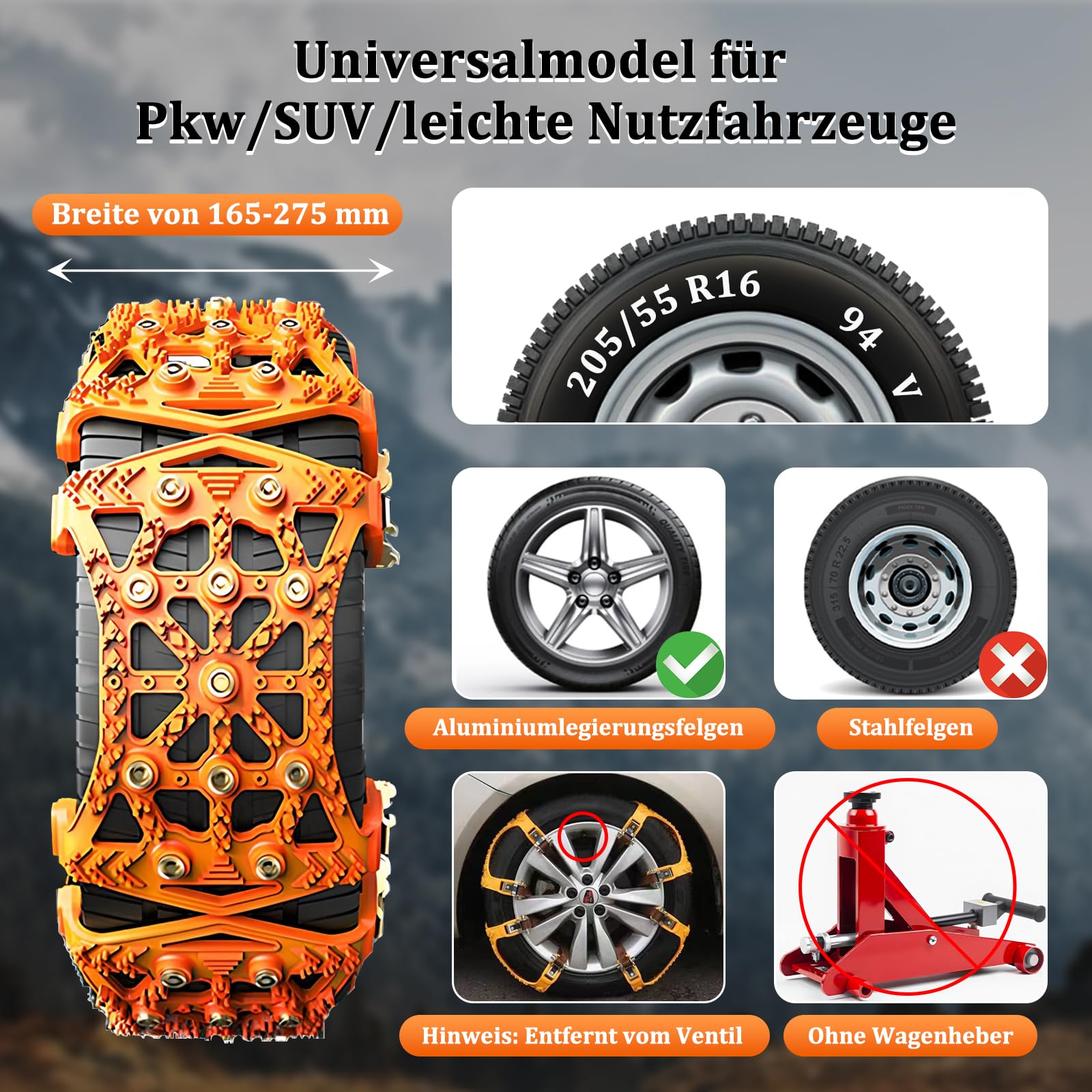 Topsky Schneeketten Auto Universal 6 Stück, Rutschfeste Notfall-Traktionsketten für Reifenbreite 165–275 mm geeignet für Pkw, SUV, MPV und Transporter, Schnellmontage in 2 Minuten