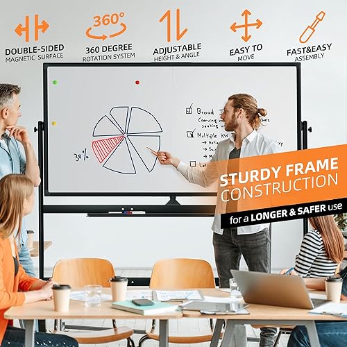 Miniatura 2 de Pizarra blanca rodante, pizarra blanca de 48 x 60 pulgadas con soportes movibles de borrado en seco sobre ruedas, pizarra blanca grande de doble