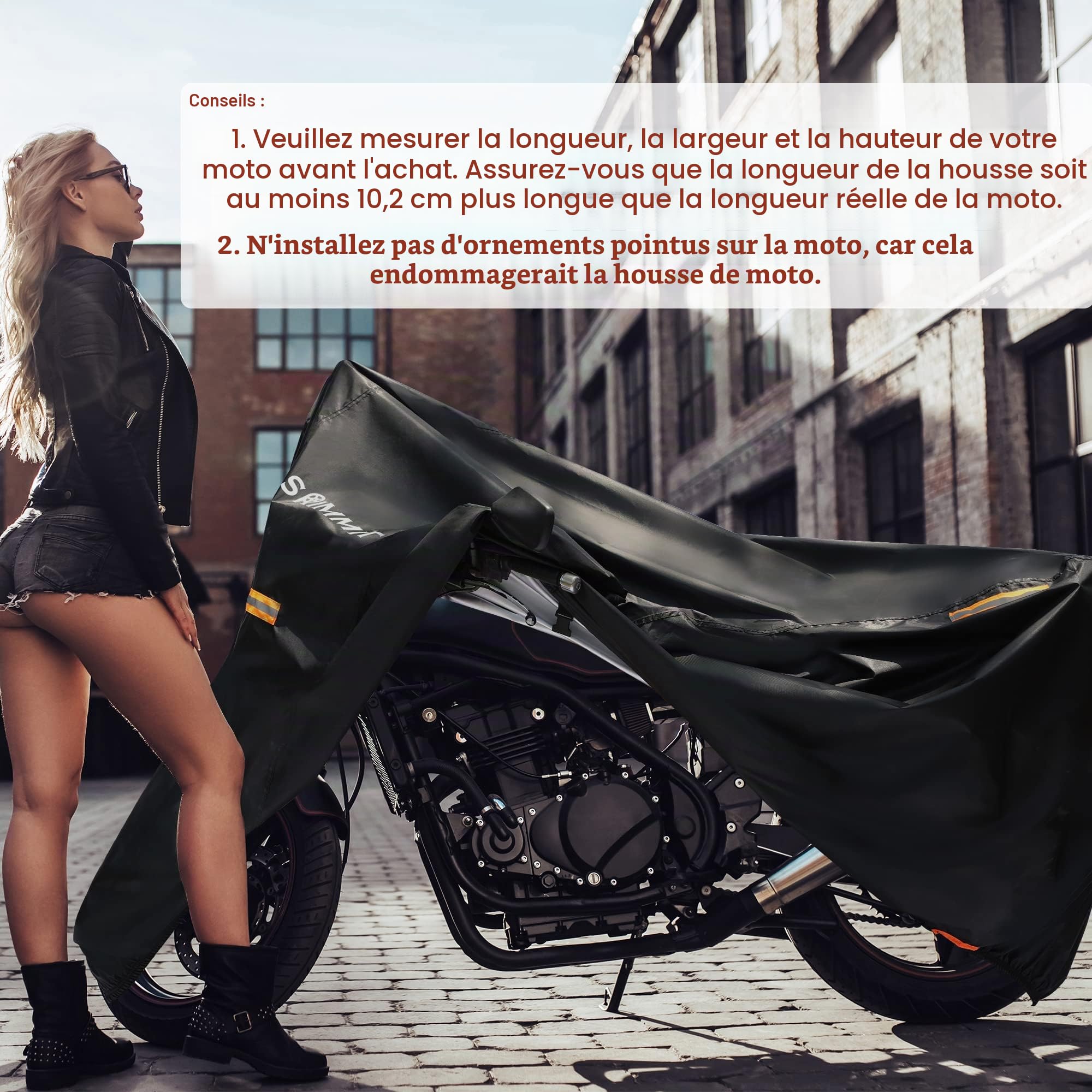 Bache Moto Exterieur Etanche Universelle Extérieure Robuste: Protection Supérieure avec Fenêtre de Plaque d'Immatriculation & 4 Bandes Réfléchissantes - XXXXL(270x95x140 cm)