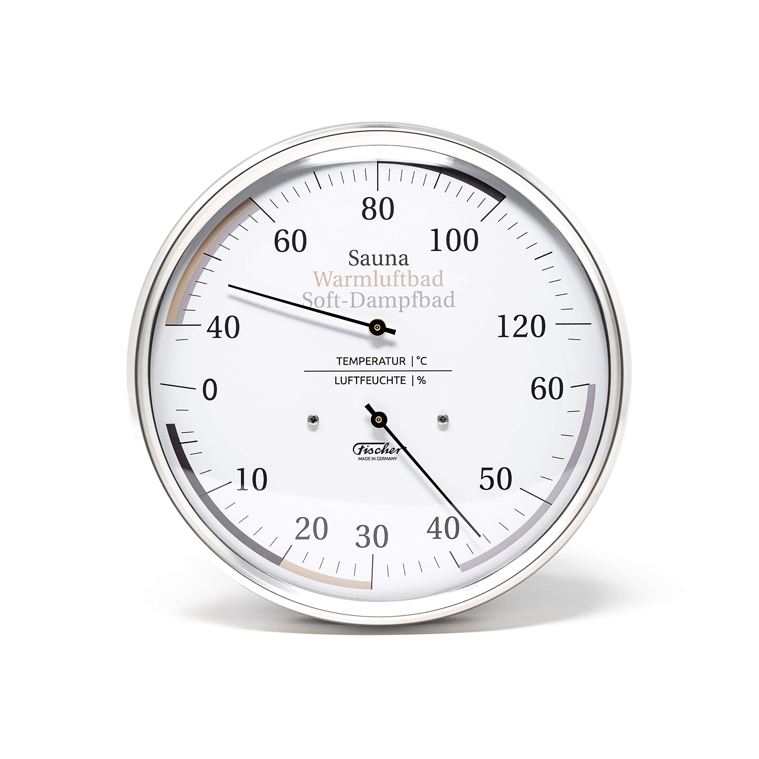 Fischer 184.01 Sauna Universal-Thermohygrometer - 130mm Haar-Hygrometer u. Bimetall-Thermometer aus Edelstahl Made in Germany