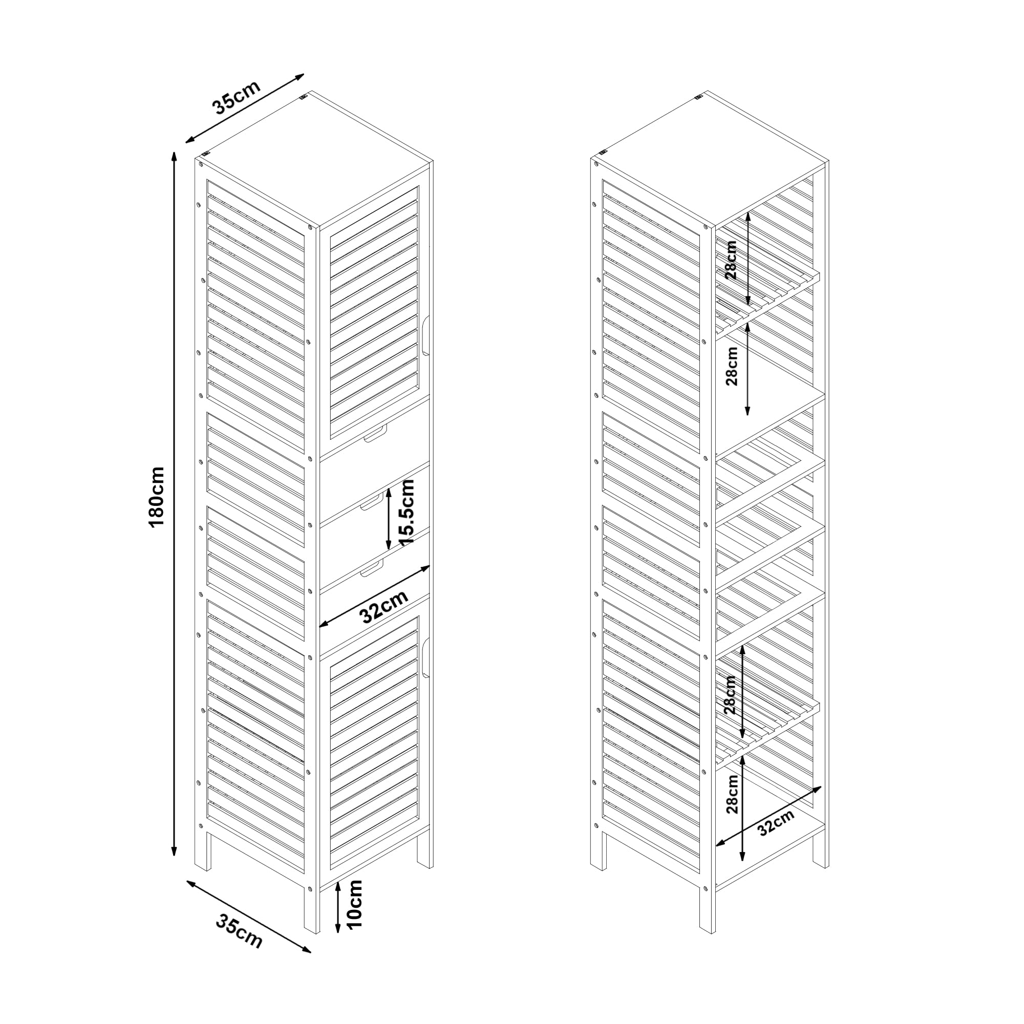 [en.casa] Badezimmer Hochschrank schmal Boksereys Badezimmerschrank mit 2 Türen Badschrank mit 3 Schubladen 180 x 35 x 35 cm Bambus
