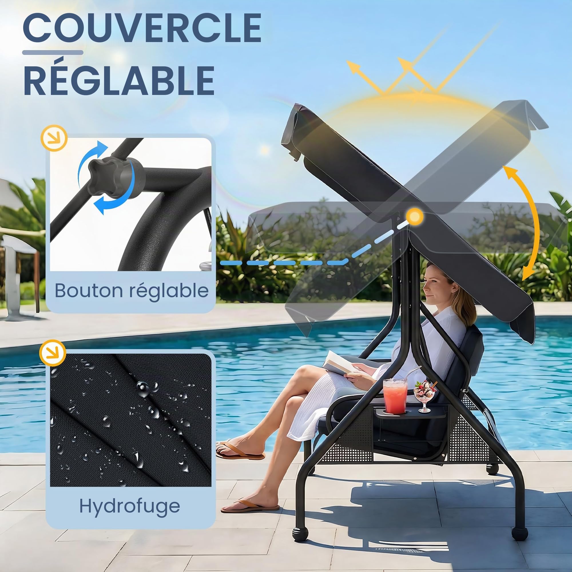 UISEBRT Balancelle de jardin 3 places avec fonction inclinable, 2 coussins, 2 plateaux, banc pour extérieur, supporte jusqu'à 350 kg, pour jardin, piscine, terrasse, anthracite