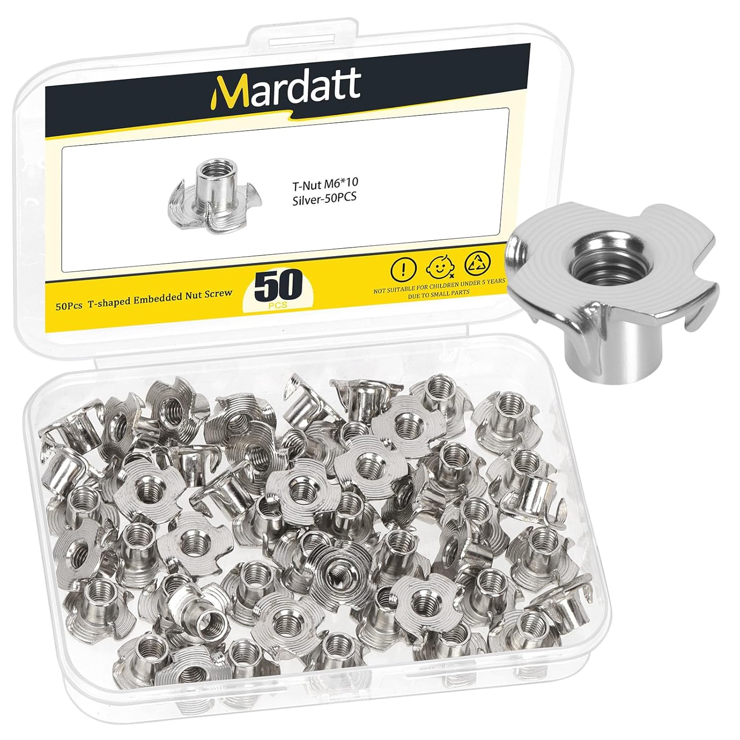 50PCS M6 x 10mm Silver Nickel-Plated Carbon Steel T Nuts Kit, Heavy Duty 4 Pronged T Nuts for Wood, Rock Climbing Holds, Cabinetry, Furniture