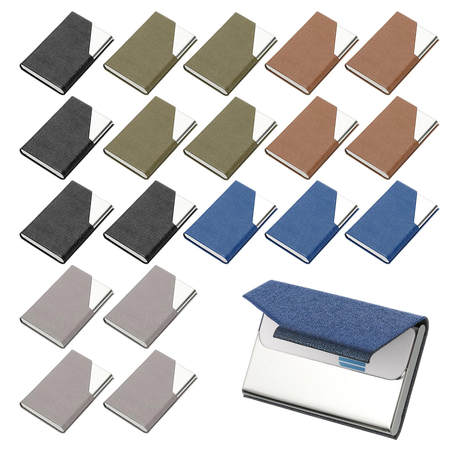 PATIKIL PU Leather Business Card Holder, 20Pcs Stainless Steel Name Card Case with Magnetic Wallet Pocket Carrier for ID Card Men Women, Black Grey Brown Copper Blue