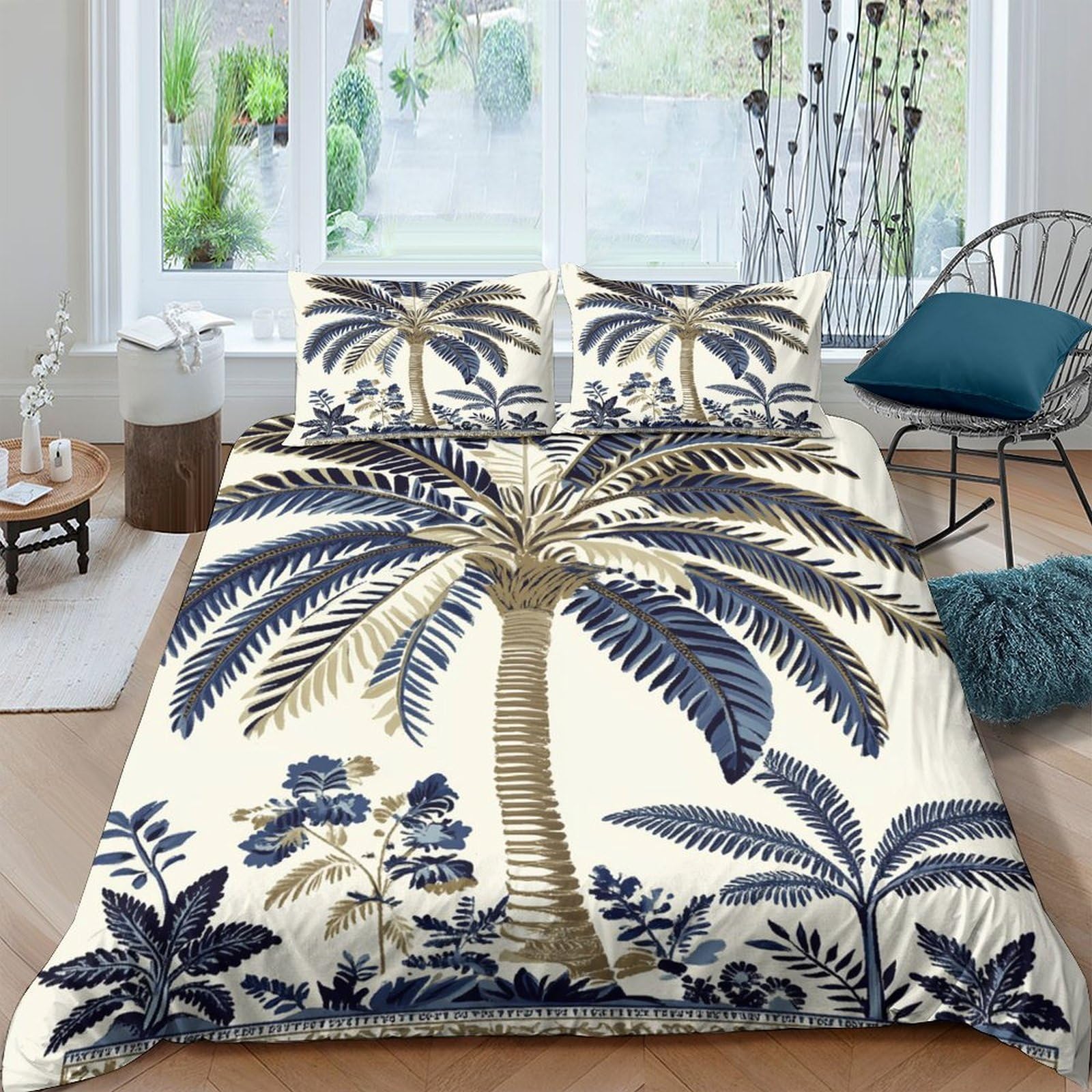 GPLZQXKJNH 3D Printed Tropical Palm Tree Duvet Cover Set Microfiber Soft Breathable Jungle Leaves Bedding Set with 2 Pillowcases for Bedroom Decor Single（135x200cm）