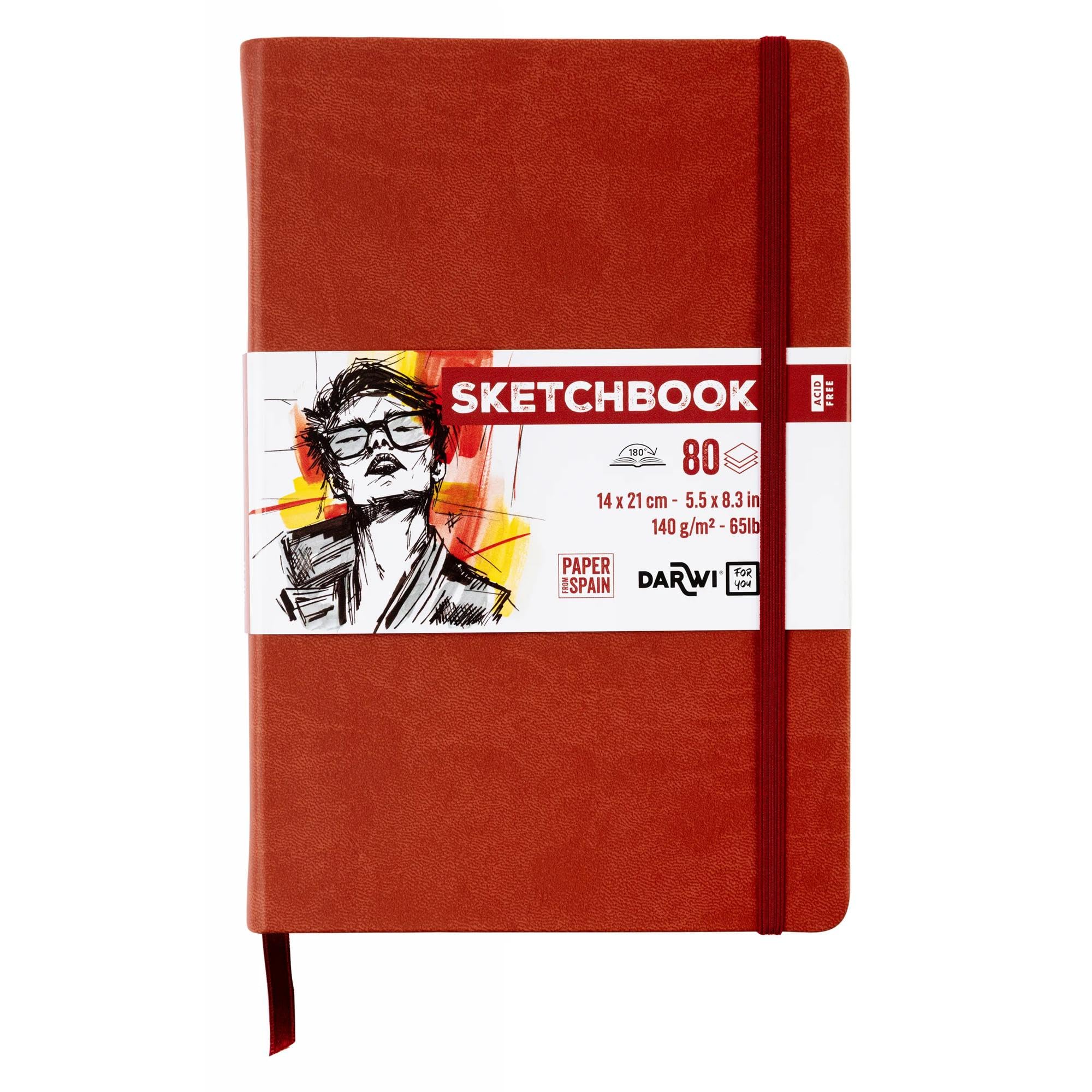 Darwi for You DF80014210007C - Carnet Cousu Sketchbook 14x21 cm 140g - 80 Feuilles Papier Dessin Blanc - Couverture Rigide Terracotta