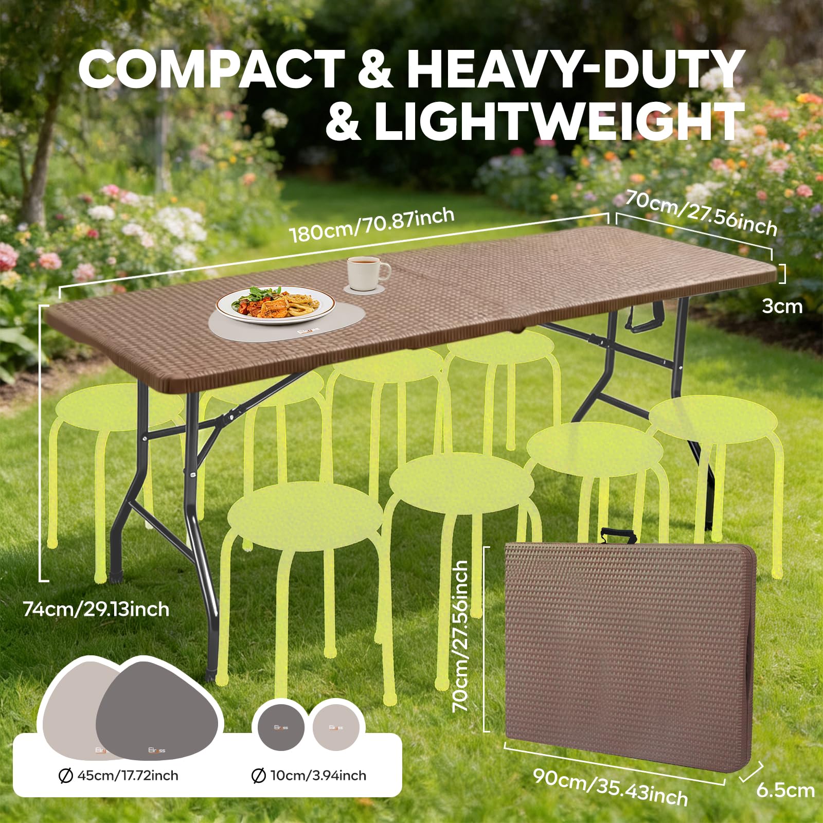 Tavolo Pieghevole 180x70cm per 8 Persone, Marrone, Plastica Effetto Rattan, Ferro, 150 kg