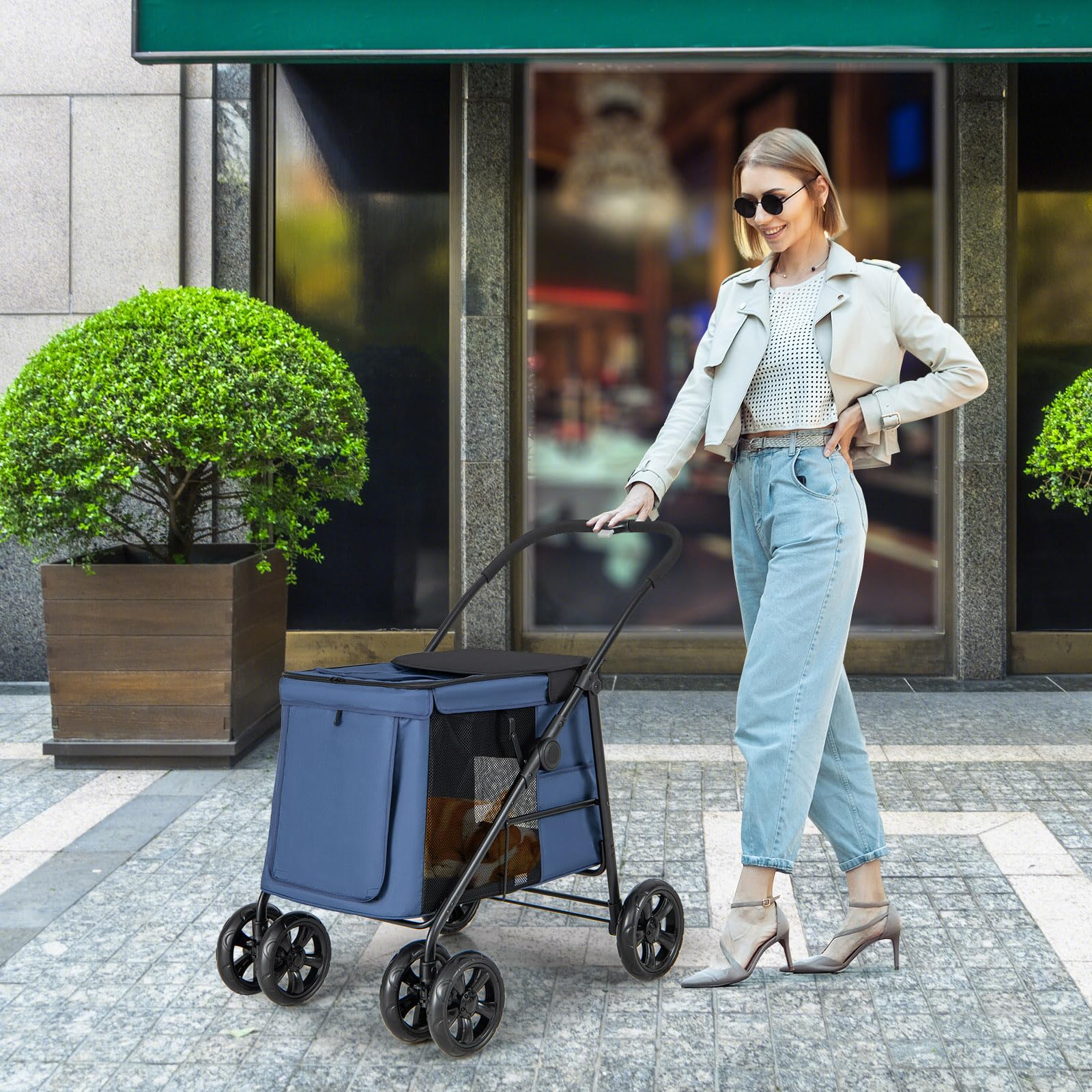 COSTWAY Passeggino per Cani Pieghevole, Carrello a 4 Ruote per Animali Domestici Piccoli e Medi, Trasportino Portatile con Ruote, Lucernario e Tasche, Chiusura Rapida (Blu)