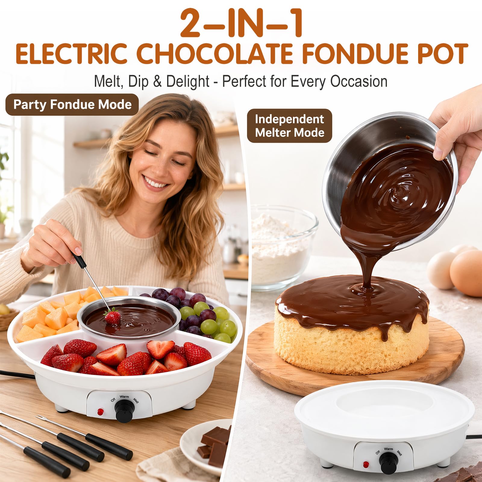 Fondue de chocolate eléctrica con 4 tenedores, atemperador de chocolate y derretir el chocolate, 2 niveles de temperatura, fuente de chocolate para chocolate, fruta, malvavisco (blanco)