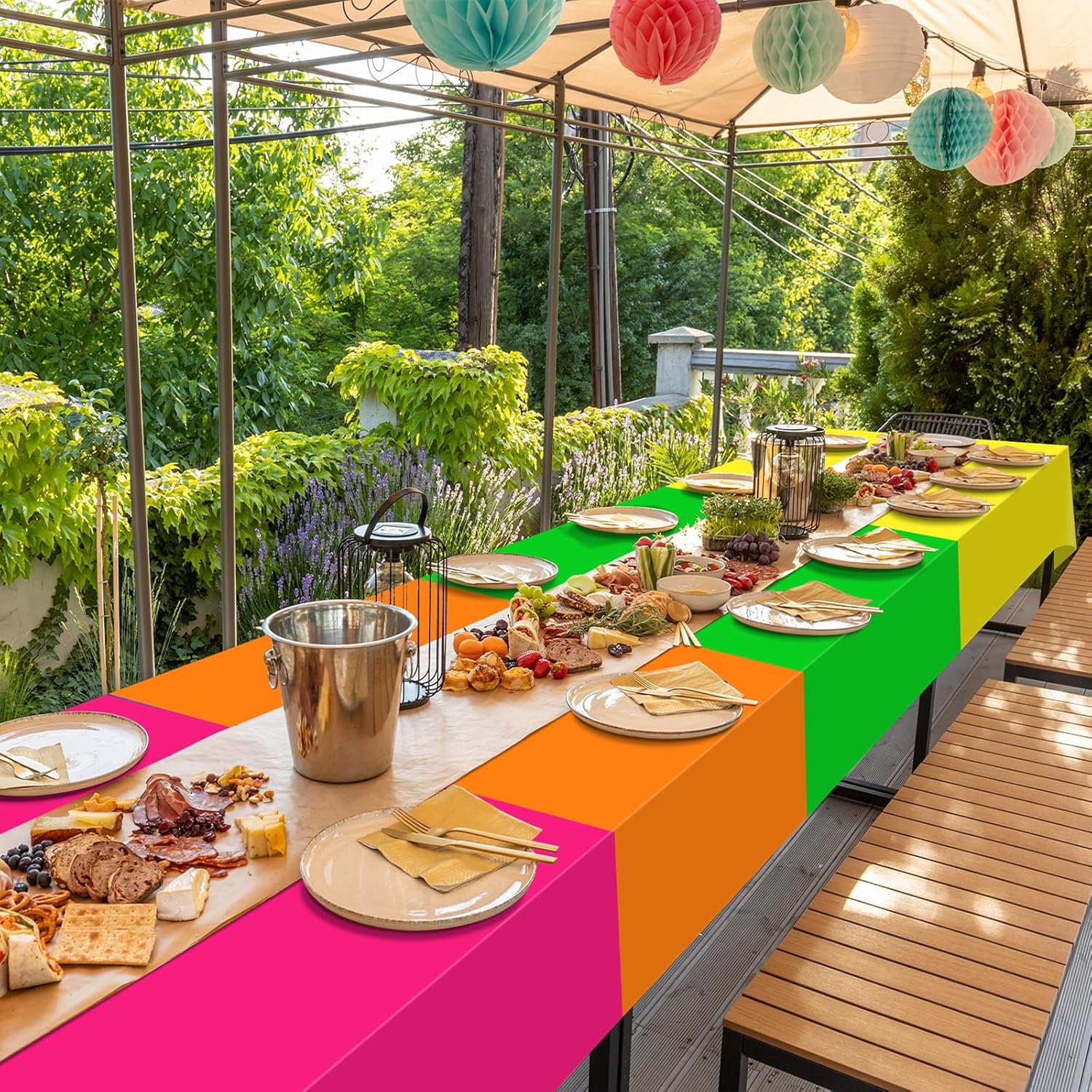 12 Pcs Neon Color Plastic Tablecloth for Rectangle Tables, Disposable Assorted Color Table Cloth, Pink Orange Yellow Green Colorful Table Cover for Neon Birthday Picnic Party Decorations, 54 x 108Inch