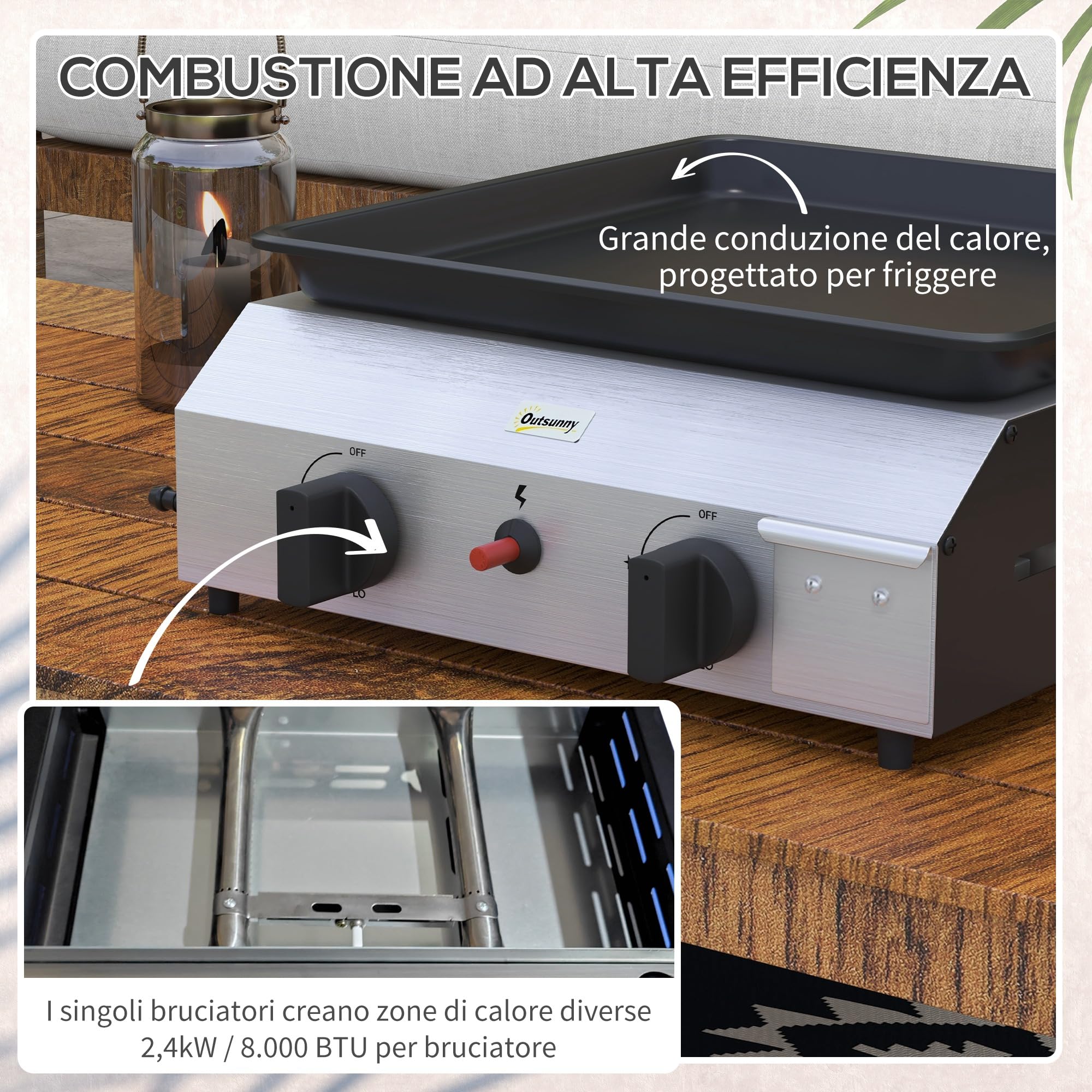 Outsunny Barbecue a Gas in Acciaio, Piastra a Gas Smaltato a 2 Bruciatori da 2.4kW, Griglia Barbecue Portatile con Piedini Regolabili e Vassoio Raccogli Grasso, Regolatore, Tubo, Argento