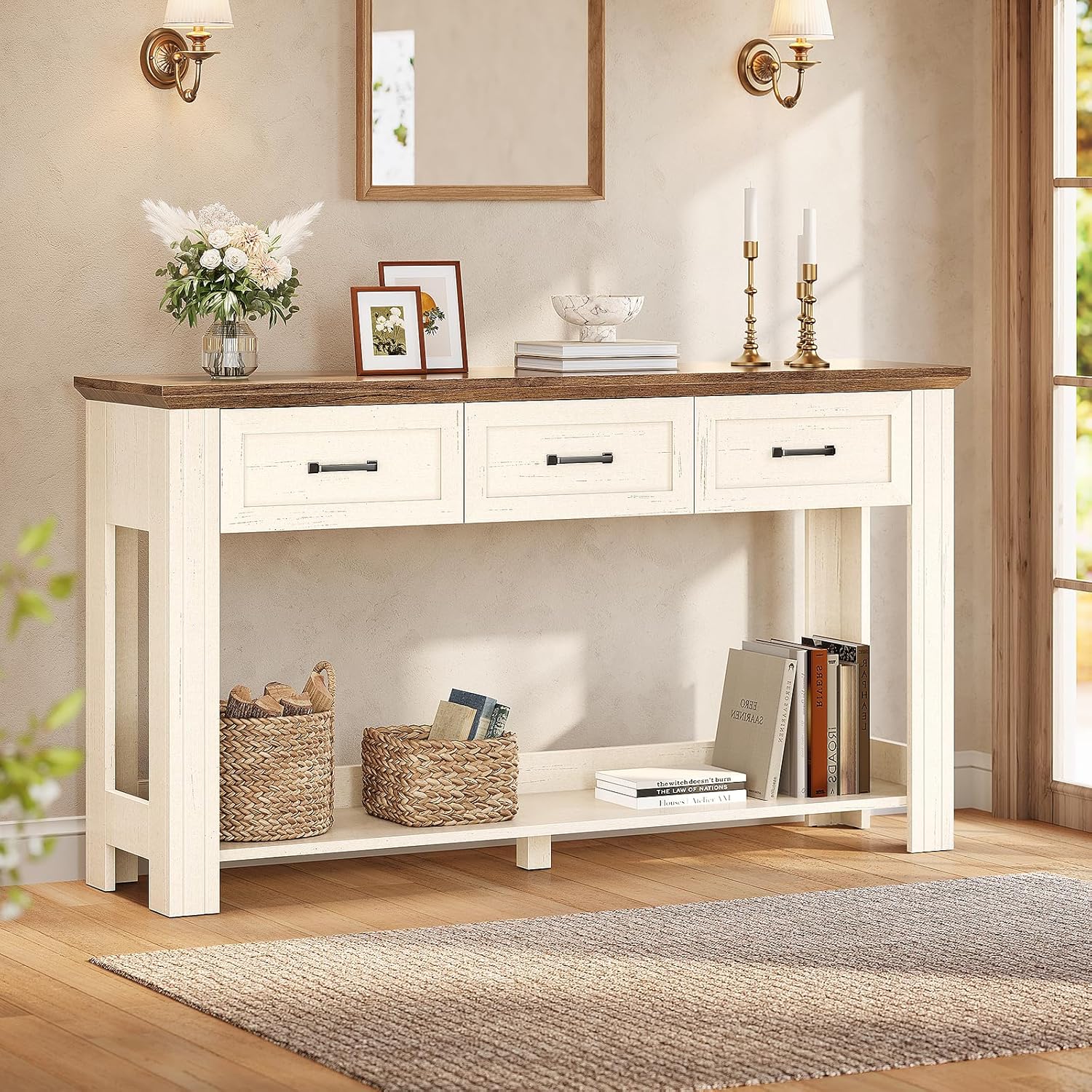 55" Farmhouse Console Table with 3 Drawers, Rustic Entryway Table with Open Shelf, Sofa Tables Behind Couch for Entrance, Living Room, Hallway, Warm White
