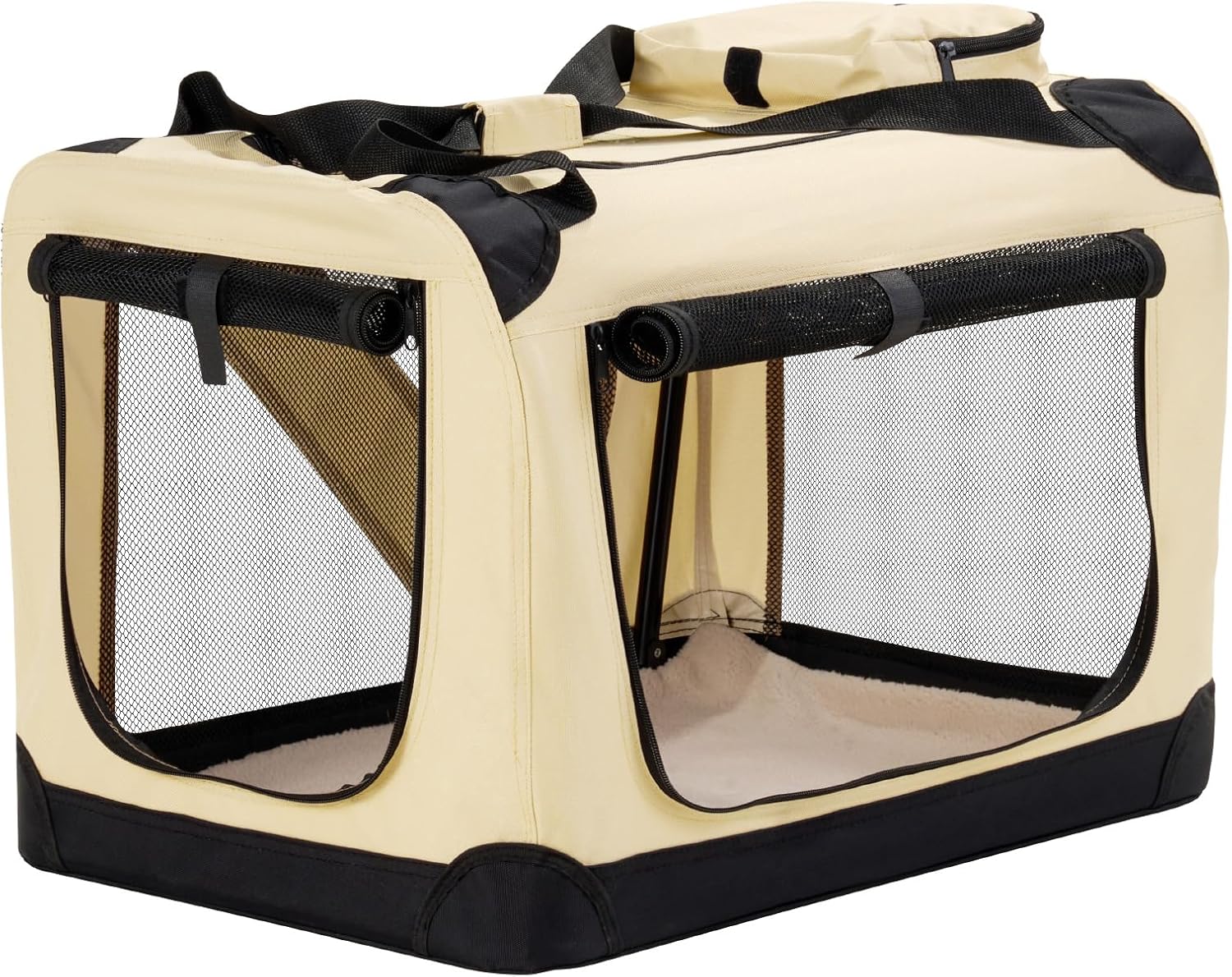 HICC PULE Collapsible Portable Dog Kennel, 28 Inch Soft-Sided Pet Crate for Medium/Small Dogs, 3-Door Ideal for Travel, Car Trips, Indoor & Outdoor, Beige
