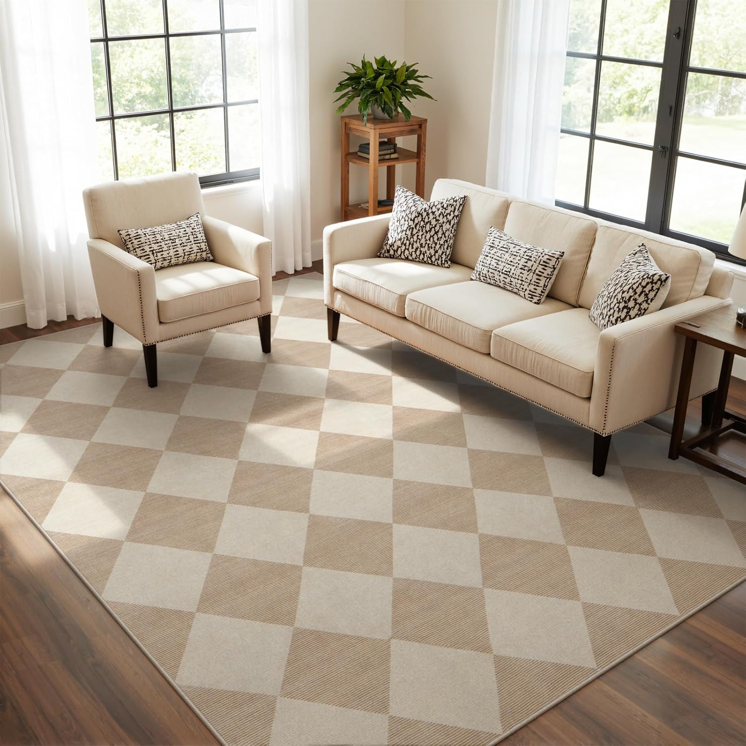 beeiva checkered print living room rugs 8x10, moroccan beige washable area rug 8x 10 non slip soft bedroom carpet, geometric plaid aesthetic decor ultra thin large carpet for dining room office 8' x 10' (rectangular) beige