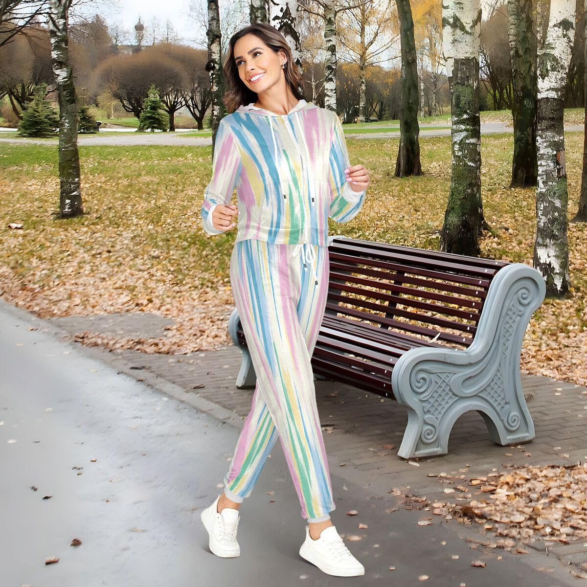 Conjunto deportivo de 2 piezas para mujer, diseño abstracto a rayas, de manga larga, con patrones de pintura de acuarela