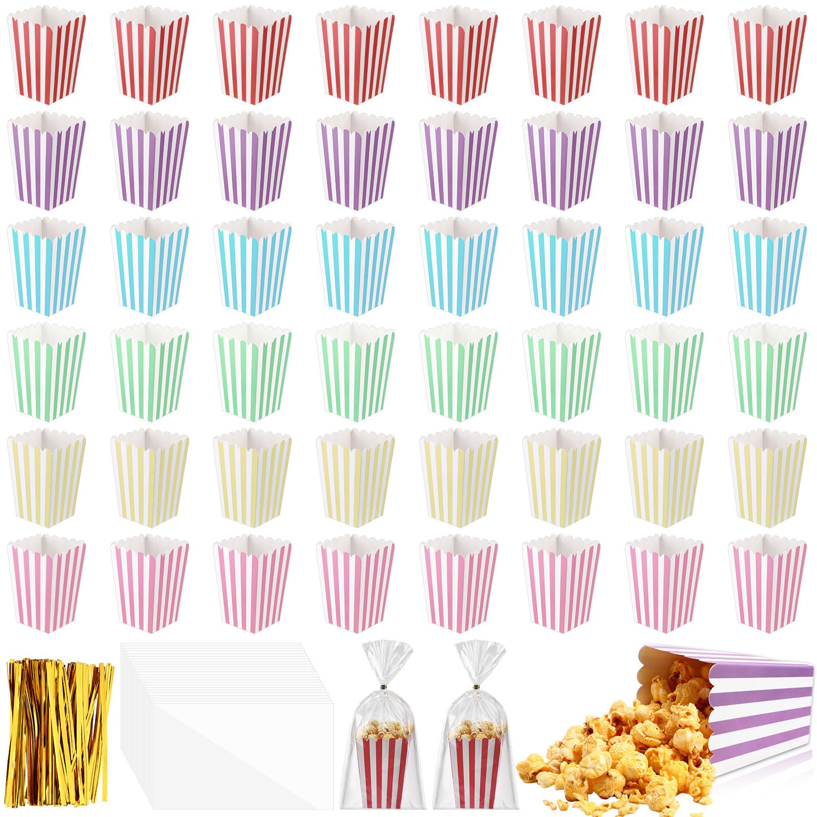 Gueevin 144 Sets Mini Popcorn Boxes and Clear Treat Bag Set