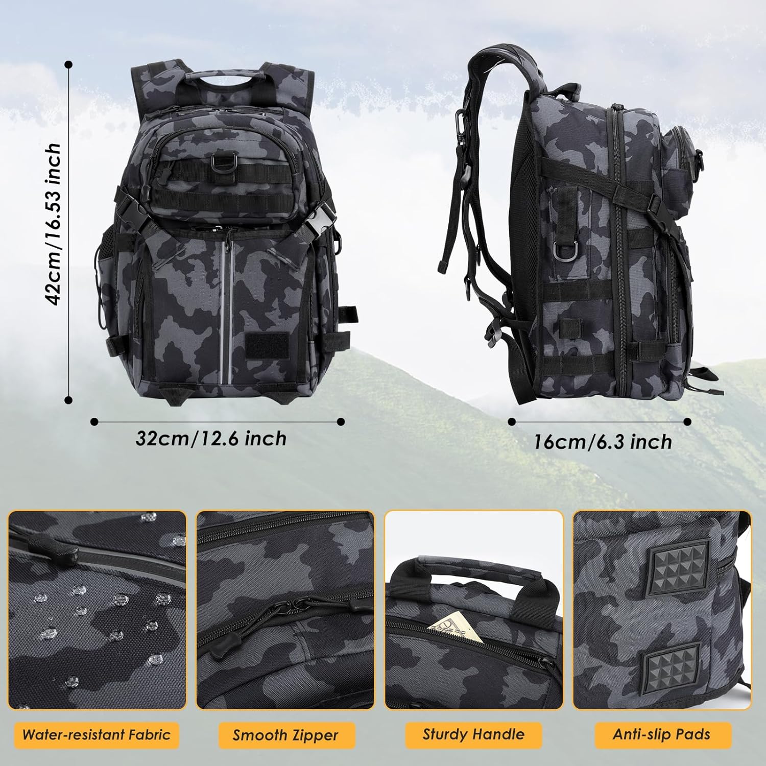 WIOR Fishing Tackle Backpack with Rod Holders, 40L Large Water-Resistant Outdoor Gear Bag with Multiple Storage Compartments for Fishing Gear and Equipment Camping Hiking, Gift for Men Father